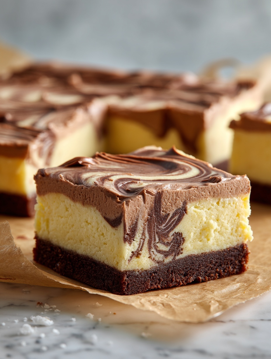 A square piece of cake is shown with three clear layers: the bottom layer is creamy light yellow with swirls of dark brown, the middle layer is dark brown and thick, and the top layer is a smooth, fluffy light brown cream spread evenly across all pieces. The cake is placed on a white marbled surface with some light brown cream spread next to it. Photo taken with an iphone --ar 2:3 --v 7