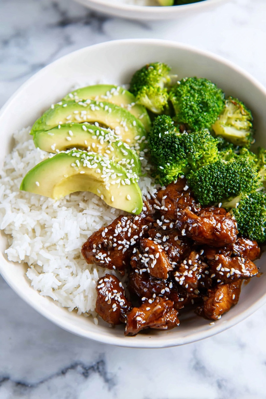 A white bowl with three layers: the base layer is soft white rice, the middle layer has small, shiny brown pieces of chicken coated in a thick sauce sprinkled with white sesame seeds, and the top layer has fresh green broccoli florets and sliced avocado with black pepper. The bowl sits on a white marbled surface. photo taken with an iphone --ar 2:3 --v 7