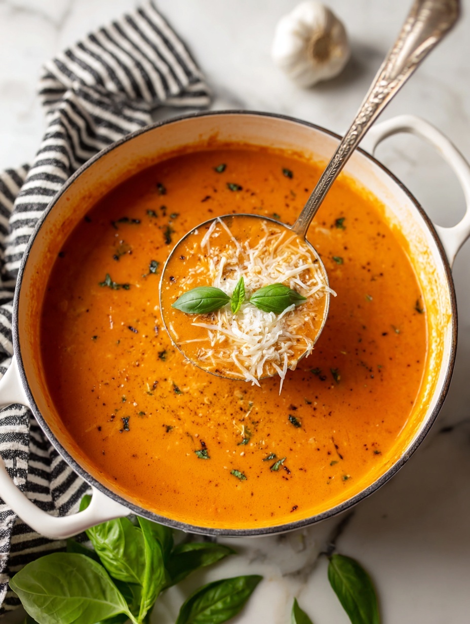 A large white pot filled with smooth, orange tomato basil soup with visible black specks of seasoning spread evenly. A silver ladle rests inside the pot, holding a scoop of the soup topped with small green basil leaves and white shredded parmesan cheese. Around the pot, fresh green basil leaves are scattered on a white marbled surface, along with a bulb of garlic and a striped black and white cloth near the top right edge. photo taken with an iphone --ar 2:3 --v 7