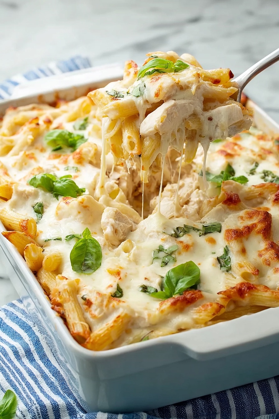 A white marbled surface holds a deep white rectangular baking dish filled with creamy baked pasta with three main layers visible: the bottom layer is golden baked pasta showing some crisp edges, the middle layer is thick white creamy sauce mixed with shredded white chicken pieces, and the top layer is melted white cheese with small browned spots and scattered fresh green basil leaves. A woman's hand holds a silver serving spoon lifting a stringy cheesy pasta portion from the dish, showing long melted cheese strands pulling upwards. The background includes a soft blue and white striped cloth beneath the dish. photo taken with an iphone --ar 2:3 --v 7