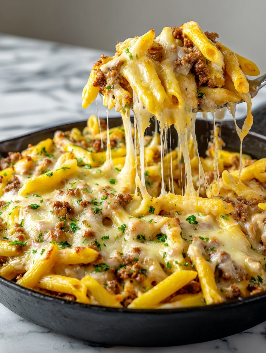 A close-up view of a black skillet filled with yellow penne pasta mixed with brown ground beef and melted light yellow cheese, with small bits of green herbs sprinkled throughout. The cheesy beef mixture is lifted by a wooden spatula, showing strings of melted cheese stretching down. The background is slightly blurred, focusing on the rich creamy texture of the pasta and beef inside the skillet on a white marbled surface. photo taken with an iphone --ar 2:3 --v 7