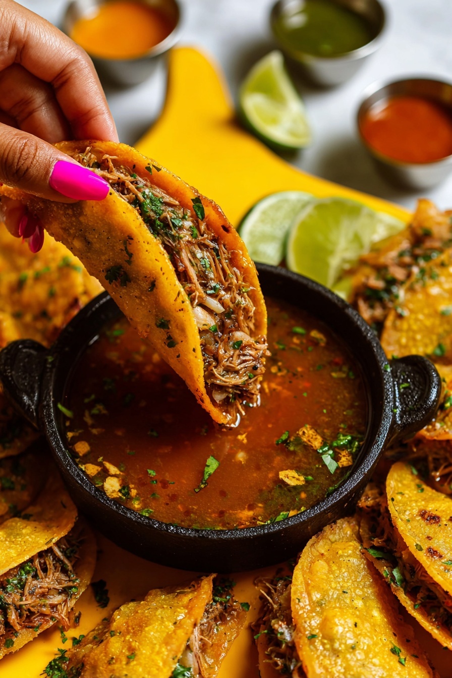 A round black cast iron tray holds eight golden crispy folded tacos arranged in a circle. Each taco is filled with shredded meat, melted white cheese, and finely chopped onions and cilantro, showing a mix of textures and colors inside. In the center of the tray, there is a small black bowl filled with red-brown dipping sauce containing visible spices and small vegetable pieces. Scattered around the tray are lime wedges and small portions of green sauce. The tray is placed on a white marbled surface. photo taken with an iphone --ar 2:3 --v 7