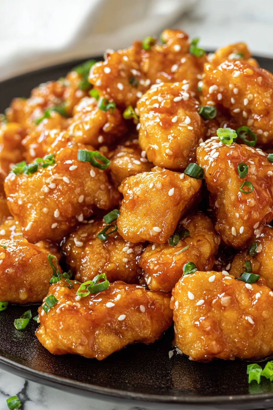 The image shows a close-up of small, golden-brown fried chicken pieces coated with a shiny orange sauce. The chicken pieces have a crispy texture and are sprinkled with white sesame seeds and chopped green onions scattered on top, adding a fresh green contrast. They are all placed on a white plate against a white marbled surface, creating a clean and simple background that highlights the vibrant colors of the chicken. The sauce looks thick and glossy, covering the chicken evenly. Photo taken with an iphone --ar 2:3 --v 7