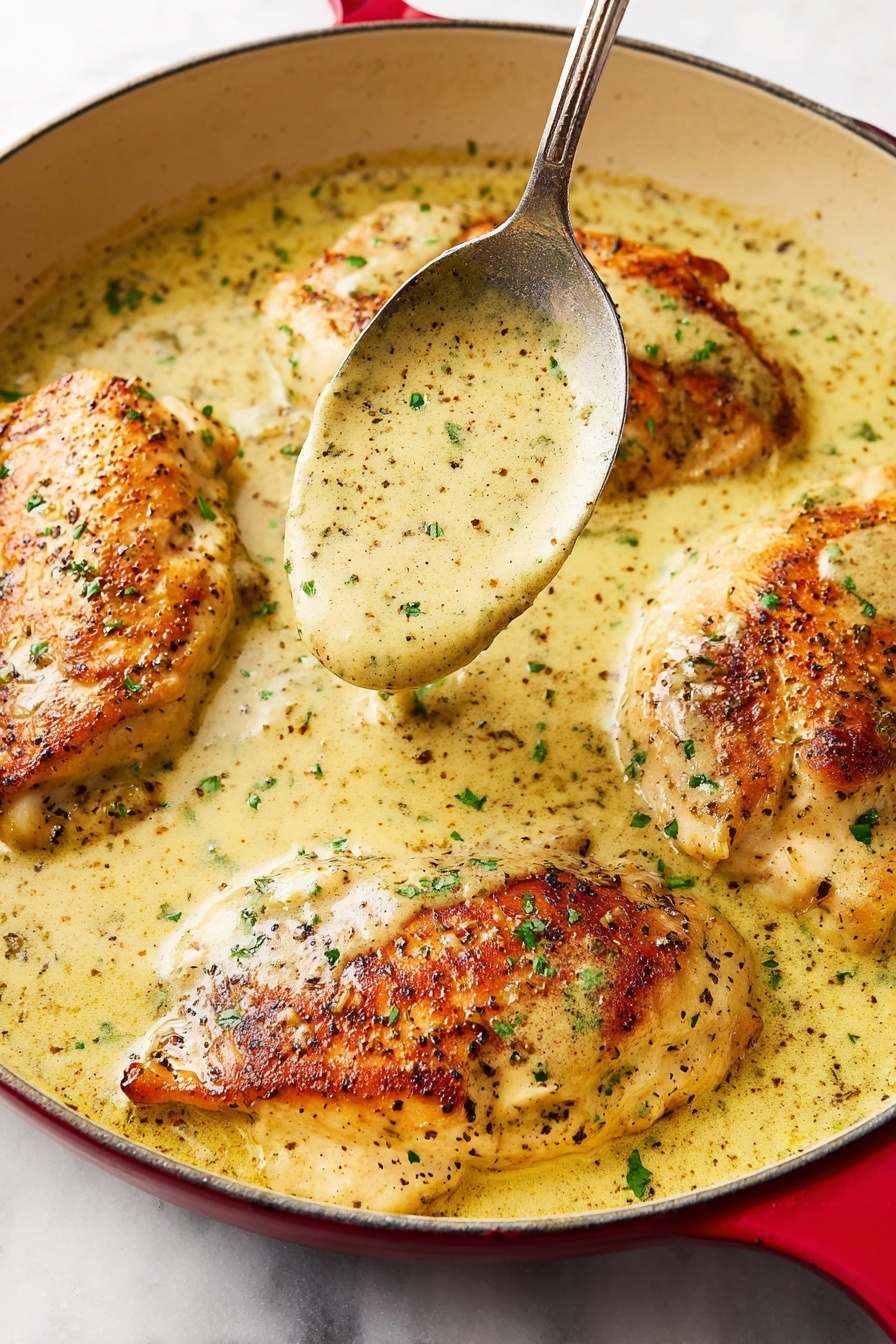 A black skillet with a red handle holds four browned chicken pieces covered in a thick creamy sauce that is pale yellow with green herb specks. The chicken shows a golden crust with small black pepper flakes, and the sauce has a smooth texture with visible herbs sprinkled on top. A silver spoon rests inside the skillet, scooping some sauce, with the creamy liquid visibly dripping. The skillet sits on a white marbled textured surface photo taken with an iphone --ar 2:3 --v 7