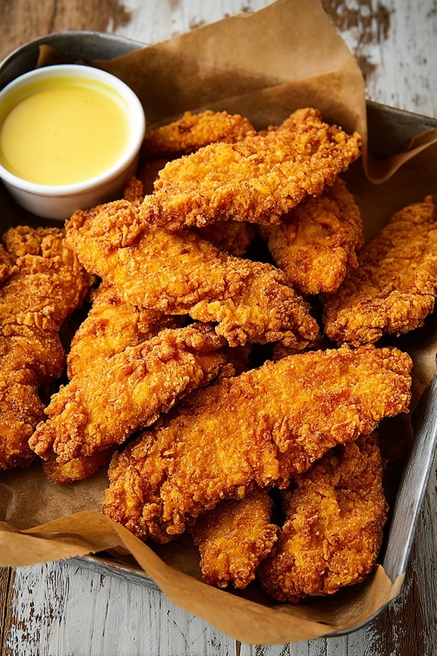 A metal tray lined with brown parchment paper holds around ten pieces of golden brown crispy fried chicken tenders stacked loosely. The chicken pieces have a crunchy, textured coating that looks rough and crunchy. To the left side of the tray is a small white bowl filled with a smooth, pale yellow dipping sauce. The tray is placed on a wooden surface but for the image generation, imagine the tray on a white marbled texture. The lighting highlights the crispiness and warm color of the chicken. photo taken with an iphone --ar 2:3 --v 7