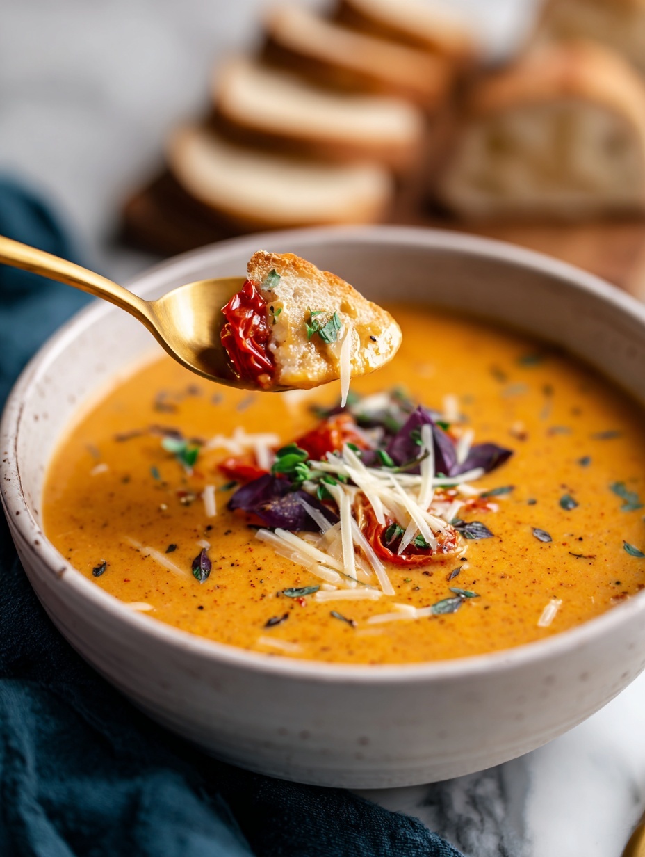 The image shows a blue bowl filled with smooth orange soup. The soup has a topping of crispy brown bits, grated white cheese scattered on top, and small green herb leaves. A golden spoon lifts some soup with a chunk of orange vegetable from the bowl. Behind the bowl, there are slices of brown seeded bread resting on a wooden board. The whole scene is on a white marbled texture surface with a dark blue cloth next to the bowl. photo taken with an iphone --ar 2:3 --v 7