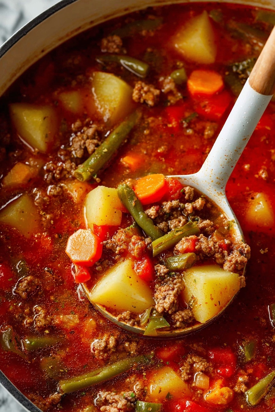 A close-up view of a rich stew in a pot, showing one white ladle filled with the stew being held by a woman's hand with a wooden handle visible. The stew has a dark reddish-brown broth with visible layers of ingredients, including chunky pieces of light yellow potatoes, orange carrot slices, green celery slices, bright yellow corn, small red tomato pieces, green beans, and small brown ground meat bits, all mixed evenly. The surface is shiny and has specks of herbs and spices scattered throughout. The background shows more of the stew with the same ingredients, all on a white marbled texture surface. photo taken with an iphone --ar 2:3 --v 7
