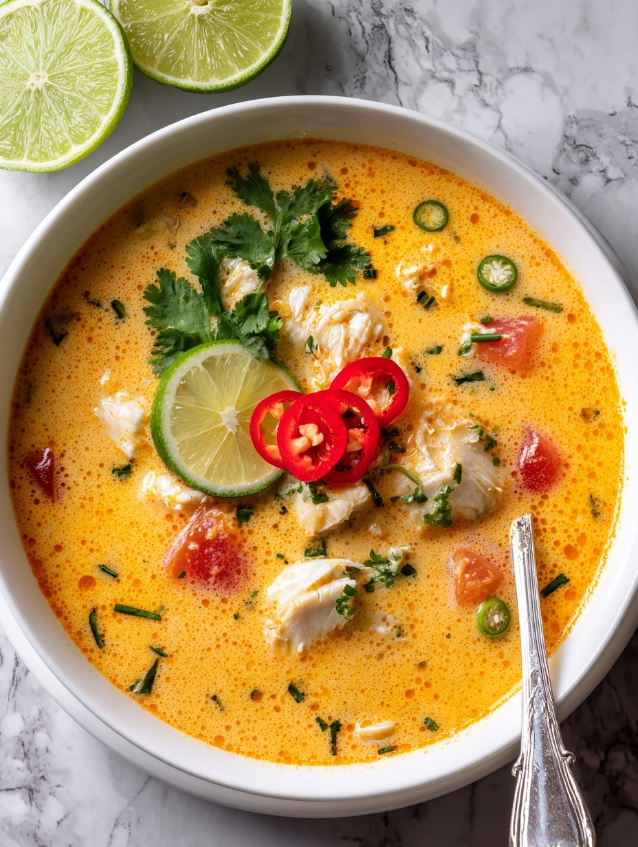 This image shows a white bowl filled with a bright orange soup. The soup has layers including small white shredded pieces that look soft, slices of red chili pepper, and fresh green cilantro leaves floating on top. There are also two thin slices of lime resting near the edge of the bowl, and small green onion slices add color. The bowl sits on a white marbled surface with a mustard yellow cloth with fringes beside it. photo taken with an iphone --ar 2:3 --v 7