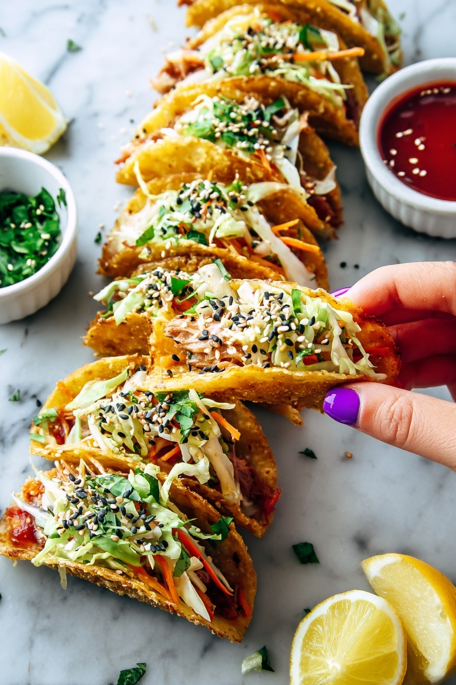 The image shows a row of six small tacos with a light golden crisp shell, each filled with layers of cooked chicken, shredded white and purple cabbage, thin orange carrot strips, and topped with chopped green herbs like cilantro and sprinkled with sesame seeds. The tacos are arranged on a white marbled surface, with two small white bowls nearby—one with a dark sesame seed mix and the other with fresh green herbs. There are lemon wedges scattered around for garnish. In the bottom right corner, a woman's hand with purple nail polish is dipping one taco into a small white bowl filled with bright red dipping sauce. The scene is bright and colorful with fresh textures visible. photo taken with an iphone --ar 2:3 --v 7