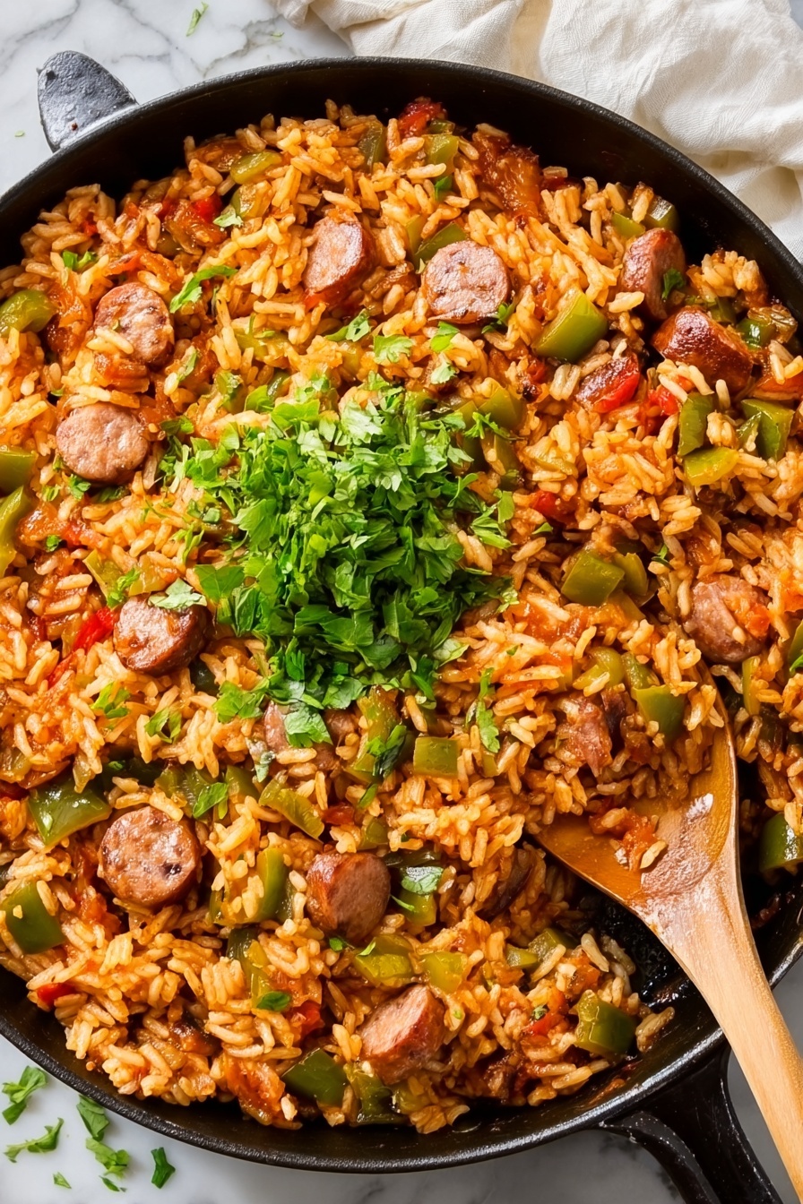 The image shows a white round plate filled with a colorful mix of orzo pasta and sliced sausage. The orzo is light golden and glossy, mixed with vibrant green bell peppers, small pieces of red peppers, and dark brown mushrooms. The sausages are round, light brown with a slight sear, scattered evenly throughout the dish. Fresh chopped parsley is sprinkled on top and also on the side of the plate, adding green contrast. The plate rests on a white marbled surface, and part of a small white bowl filled with chopped parsley is visible in the top right corner, with some scattered parsley leaves nearby. Photo taken with an iphone --ar 2:3 --v 7