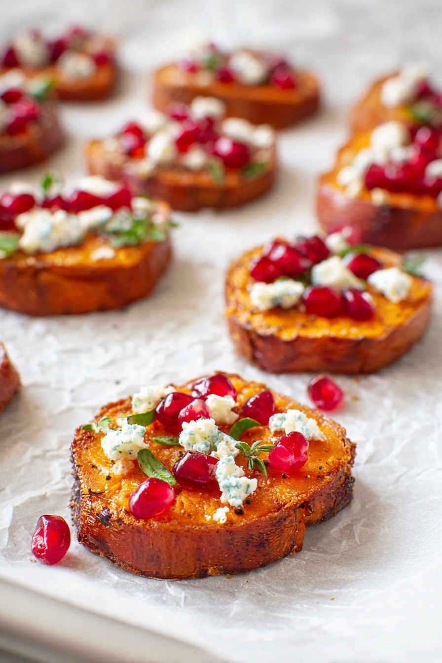 The image shows several round slices of roasted sweet potato with rough brown skin and a soft, orange interior placed on white parchment paper on a white tray. Each slice has small white crumbles of soft cheese and bright red pomegranate seeds on top, with bits of green herbs sprinkled over the cheese. The slices are spaced out evenly across the tray with a white marbled surface visible beneath. The focus is on the closest slice in the front, showing clear texture on the sweet potato and shiny pomegranate seeds. Photo taken with an iphone --ar 2:3 --v 7