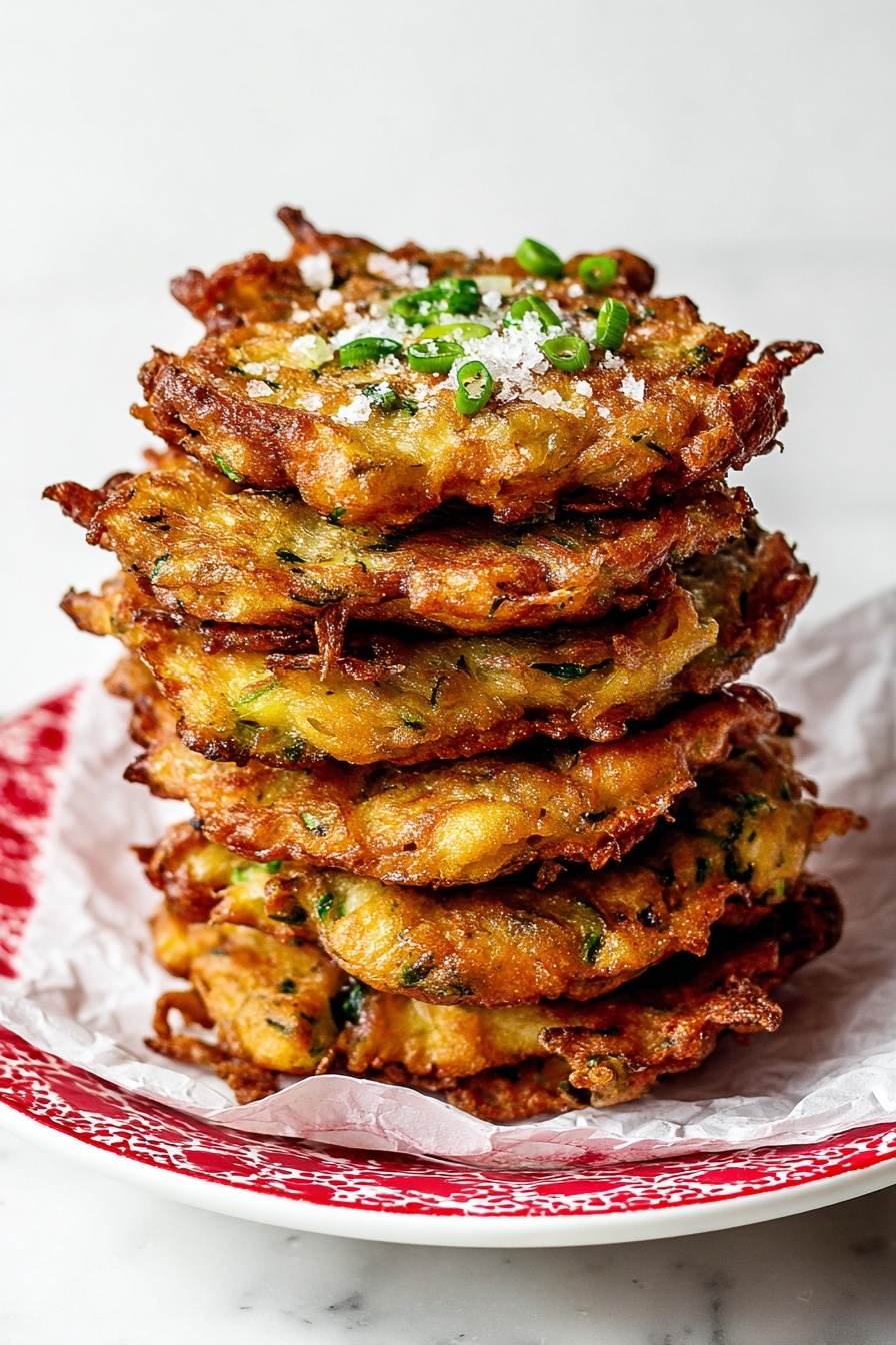 A stack of six golden-brown fritters sits on white paper inside a white plate with red and white patterns along the rim. Each fritter shows a crispy, rough texture with bits of green herbs and small dark flecks visible, adding spots of color. The top fritter is sprinkled with coarse salt and small pieces of chopped green onions. The plate rests on a white marbled surface with black lines resembling tiles. The background is plain white. photo taken with an iphone --ar 2:3 --v 7