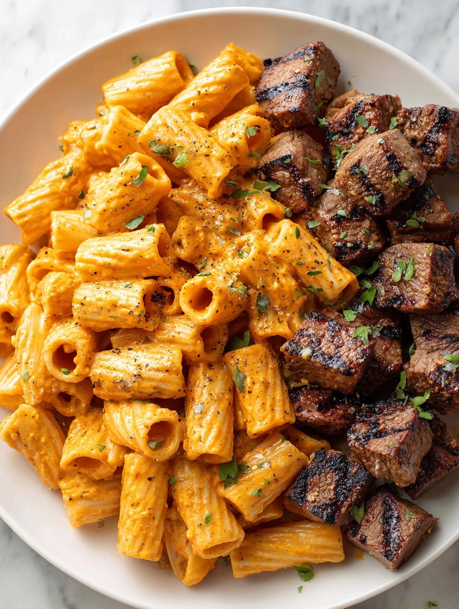A white round plate holds two main layers side by side; on the left there is a large portion of short tubular pasta covered in a smooth, creamy, light orange sauce sprinkled with black pepper, and on the right there are many small, browned, juicy-looking beef cubes with a slightly charred surface, forming a neat pile. The plate rests on a white marbled background. photo taken with an iphone --ar 2:3 --v 7
