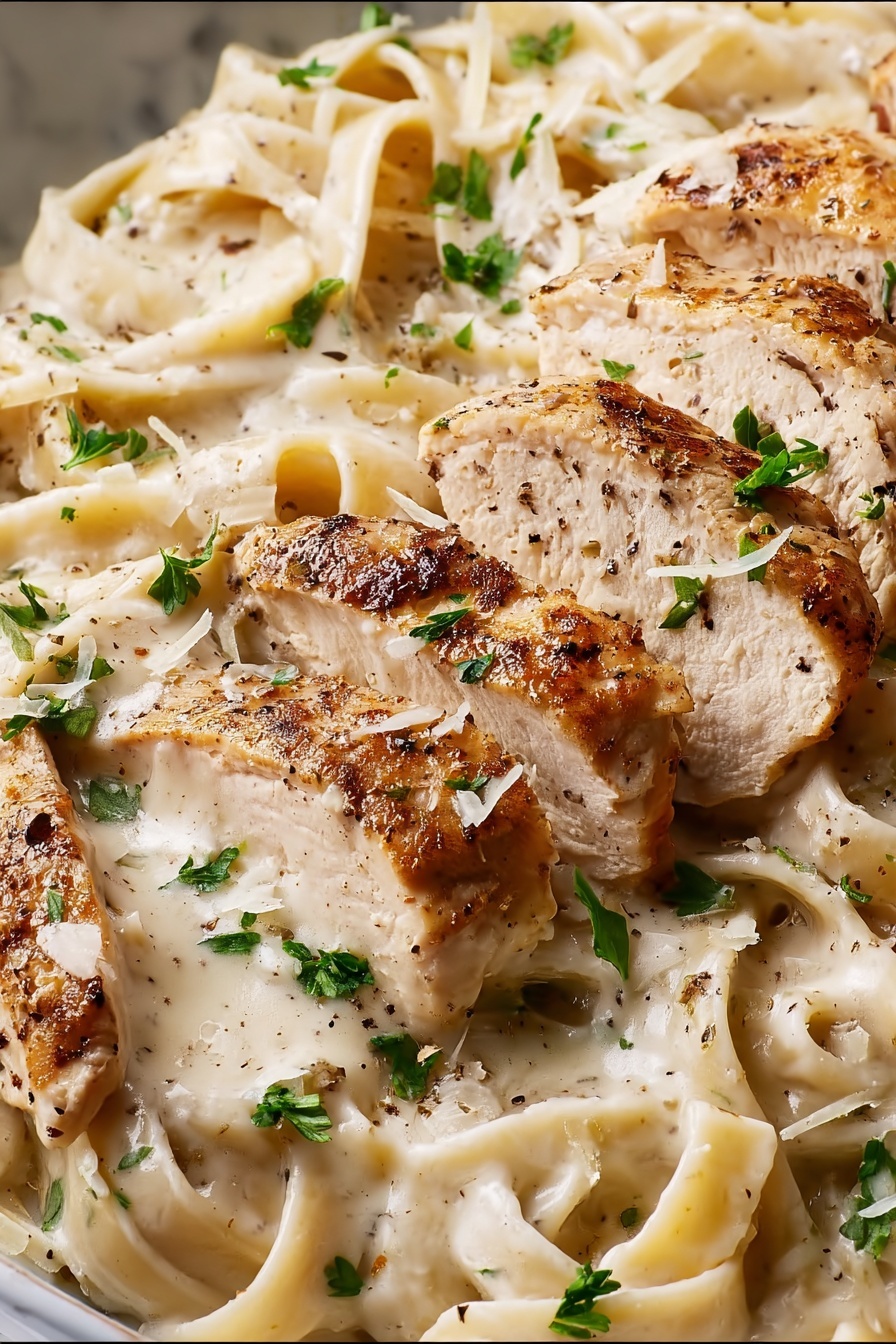 The dish shows several slices of golden brown, cooked chicken placed over a bed of creamy white fettuccine pasta. The pasta is coated in a smooth, rich white sauce, and the chicken slices have a slightly crispy texture on the edges. Small bits of fresh green parsley are scattered evenly over the top, adding a pop of color. There are also fine shavings of pale cheese sprinkled lightly on the dish, along with specks of black pepper. The whole meal rests on a background with a white marbled texture photo taken with an iphone --ar 2:3 --v 7