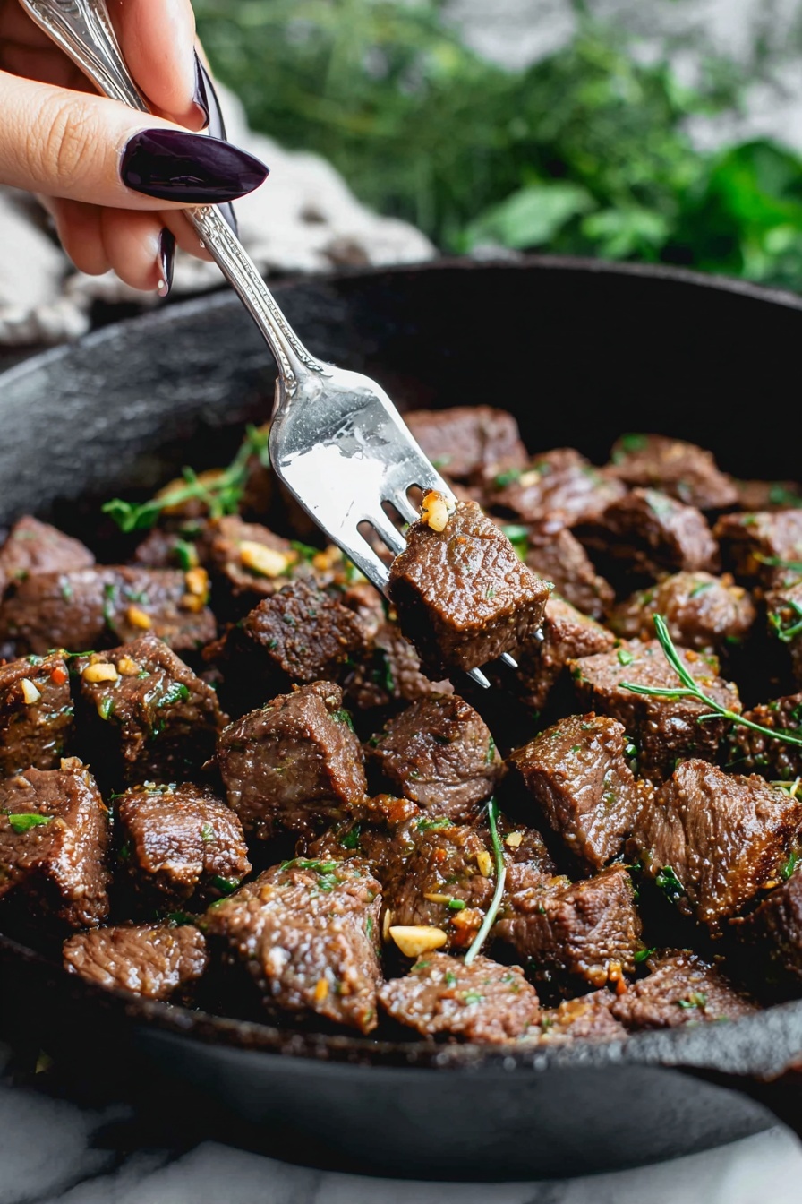 The image shows a black cast iron pan filled with many small, browned cubes of cooked meat, sprinkled with green herbs and tiny bits of garlic. A woman's hand with dark polished nails holds a shiny silver fork, picking up a piece of the meat in the center of the pan. The meat looks juicy and nicely seared with a mix of brown and golden colors, and the herbs add a fresh green touch scattered evenly across all the pieces. The pan sits on a white marbled surface with some blurry green leaves in the background. Photo taken with an iphone --ar 2:3 --v 7
