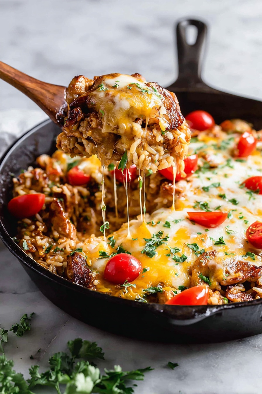 The image shows a black cast iron pan filled with a layered dish. The bottom layer is a mixture of cooked grains and beans with a brown color and soft texture. On top, there is a layer of melted yellow and white cheese spreading across the surface. Red tomato slices and bright green chopped herbs are scattered over the cheese, adding color and freshness. Near the center, a large golden-brown chicken piece coated with melted cheese and herbs is lifted by a wooden spoon, with cheese strings stretching between the pan and the spoon. The pan sits on a white marbled surface with some green herbs placed beside it. Photo taken with an iphone --ar 2:3 --v 7