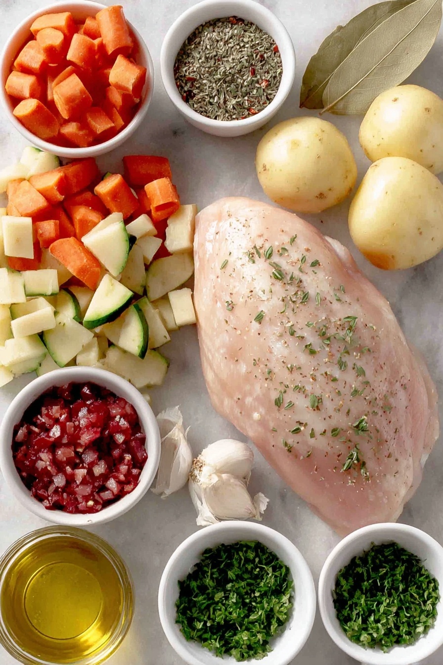 Flat lay of a raw boneless skinless chicken breast, three small diced carrots, three small diced celery stalks, two small diced Yukon gold potatoes, one medium diced onion, three large whole garlic cloves, one fresh bay leaf, a small white ceramic bowl of bright red petite-cut diced tomatoes, a small zucchini sliced into half quarter moons, a small white ceramic bowl of golden olive oil, a small white ceramic bowl of dried thyme, a small white ceramic bowl of oregano, a small white ceramic bowl of red pepper flakes, a small white ceramic bowl of kosher salt, a small white ceramic bowl of freshly ground black pepper, a small white ceramic bowl of chopped fresh parsley, all arranged symmetrically and balanced, placed on a clean white marble surface, soft natural light, photo taken with an iPhone, professional food photography style, fresh ingredients, white ceramic bowls, no bottles, no duplicates, no utensils, no packaging --ar 2:3 --v 7 --p m7354615311229779997