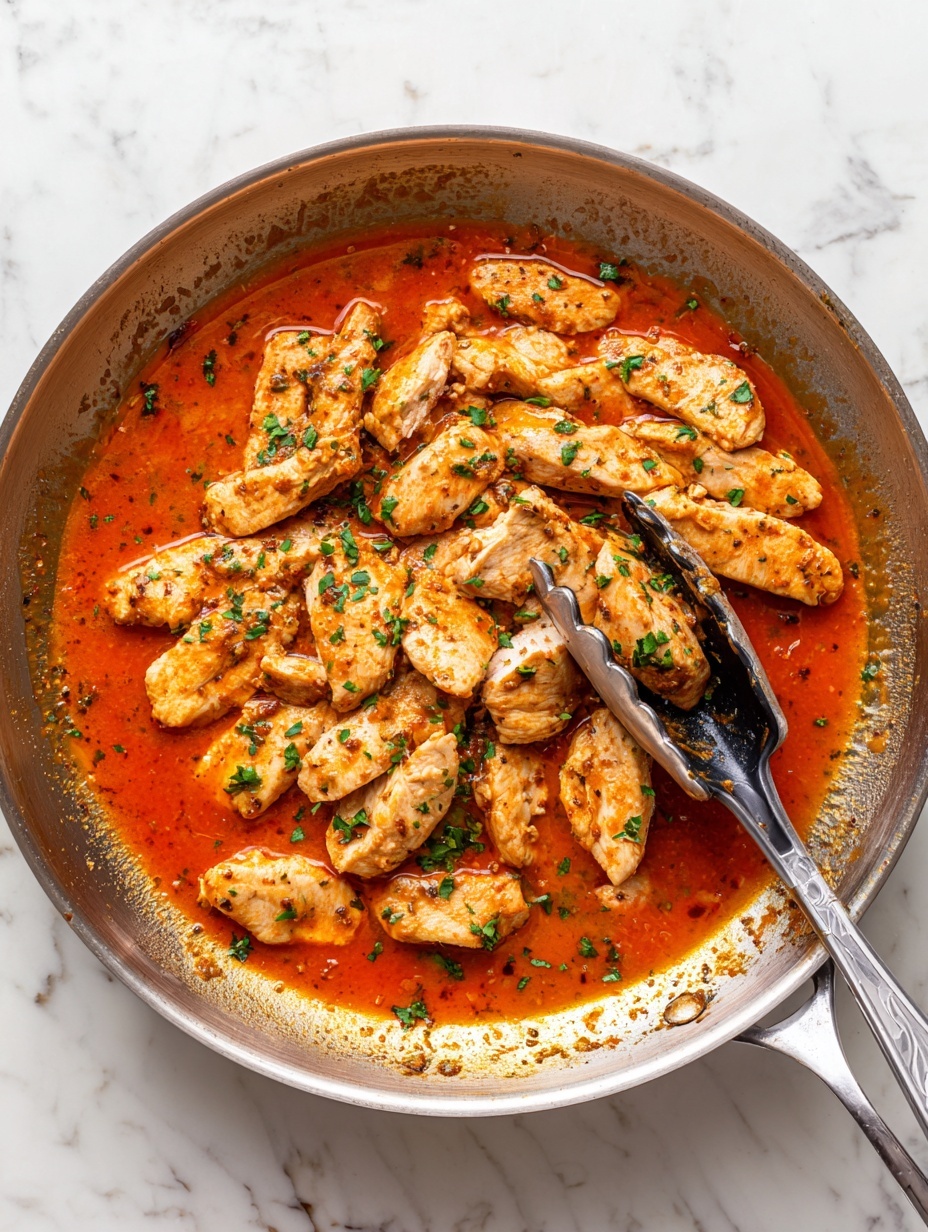 The image shows a silver frying pan on a white marbled surface filled with small, evenly cut orange pieces of cooked chicken in a thick, reddish-orange sauce with visible green herbs scattered around. The pieces are mostly grouped to one side, with the other side showing sauce marks on the pan. A pair of black and silver tongs is resting inside the pan, holding some of the chicken pieces. photo taken with an iphone --ar 2:3 --v 7