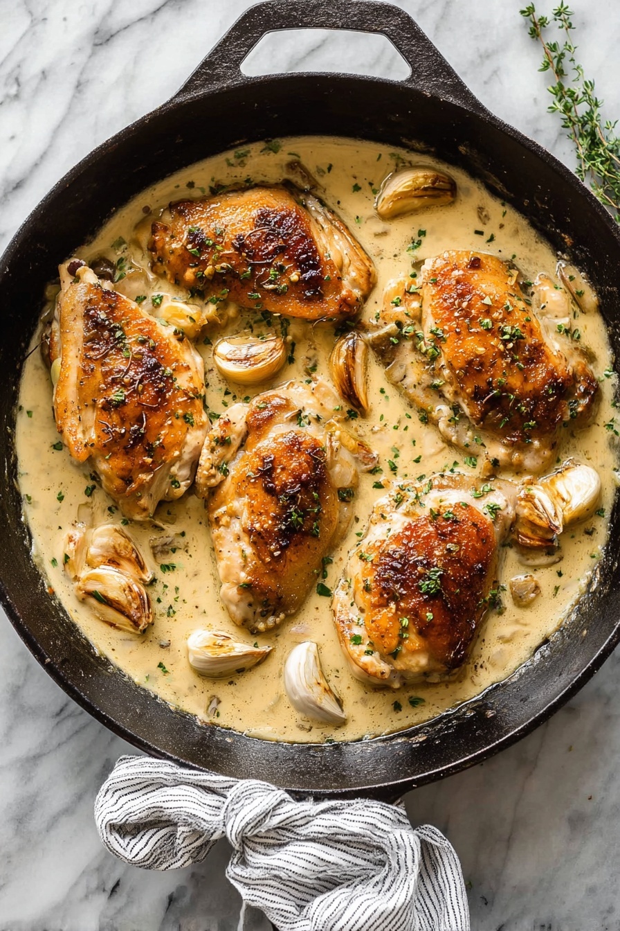 The image shows a black cast iron pan with four golden brown chicken pieces cooking in a creamy white sauce. The chicken pieces are seasoned and have a slightly crispy texture on top, with several whole garlic cloves scattered around them in the sauce. Fresh green herbs are sprinkled lightly over the dish, adding color contrast. The pan is resting on a white marbled surface, and a striped cloth is placed under the handle of the pan. The overall look is warm and inviting, with the creamy sauce thickly coating the chicken. Photo taken with an iphone --ar 2:3 --v 7