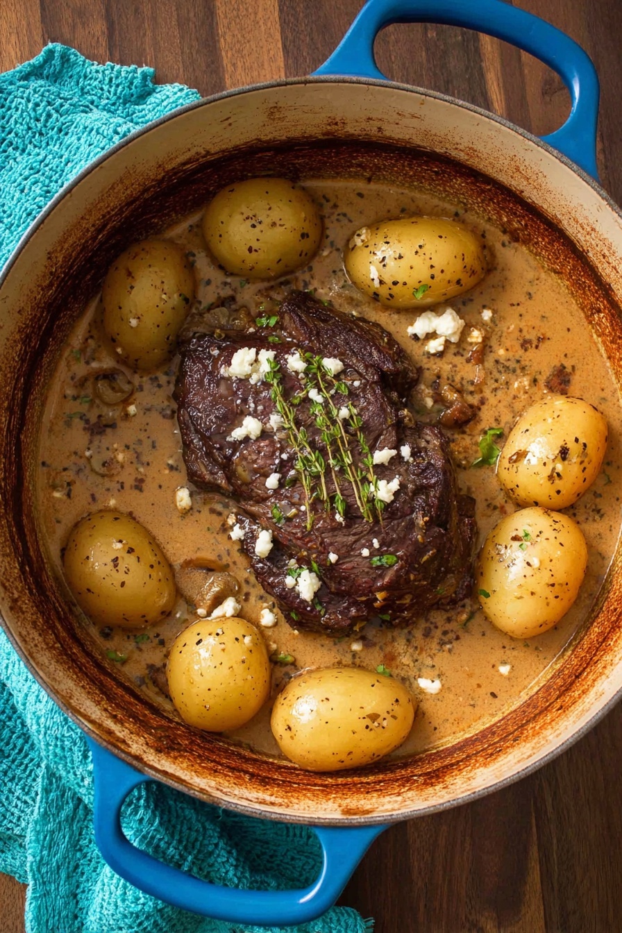 A white plate holds a savory dish with three main layers: at the bottom are several whole golden potatoes, some halved showing their soft, pale yellow inside with a smooth texture. On top of the potatoes are chunks of dark brown meat that look tender and slightly charred on edges. The meat and potatoes are covered in a creamy light brown sauce speckled with black pepper, and small bits of white cheese are sprinkled on the meat. A gold fork rests on the right edge of the plate, and small green herb bits add a touch of color on top of the dish. The background is a white marbled texture. photo taken with an iphone --ar 2:3 --v 7