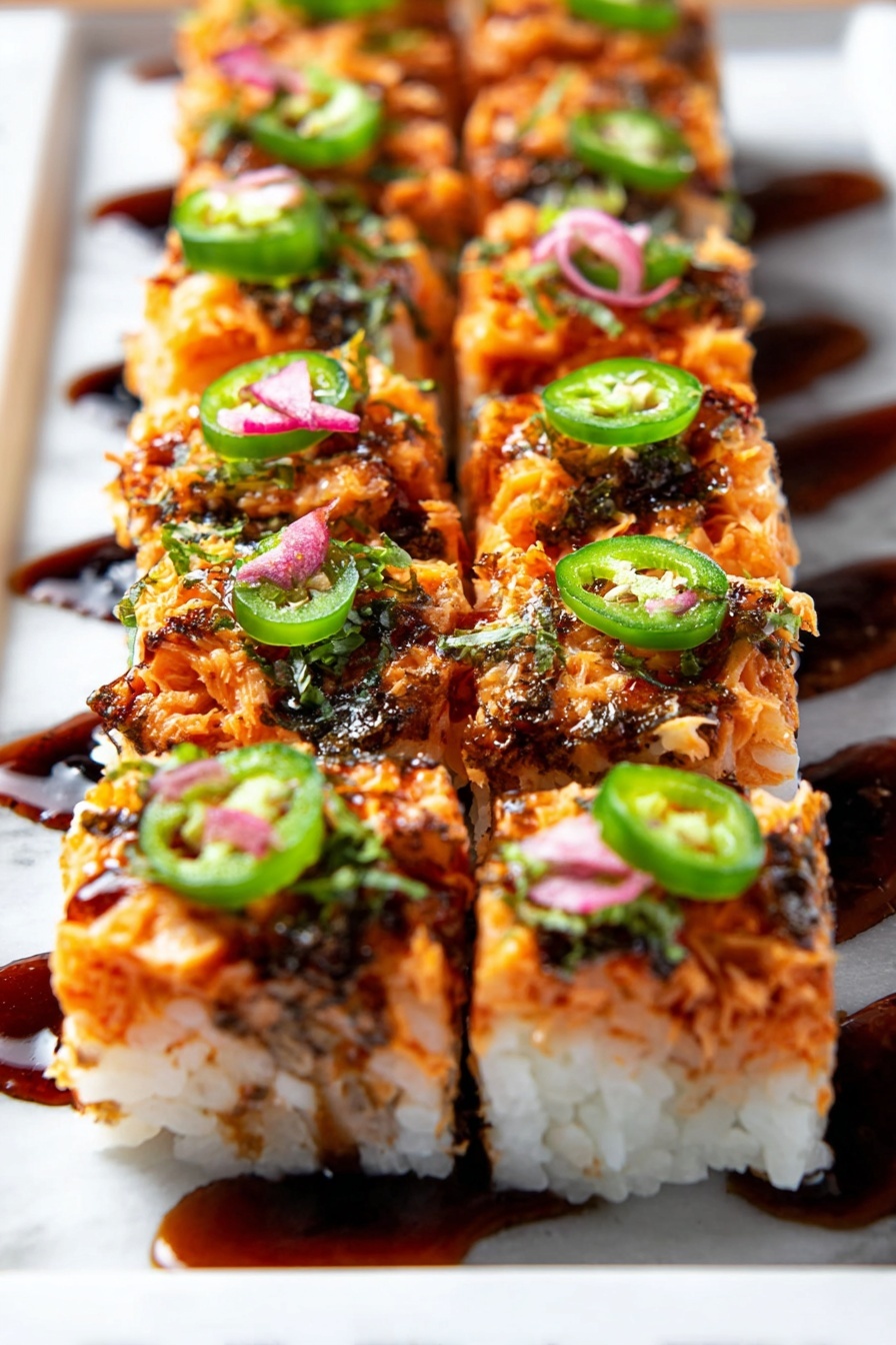 A square piece of sushi cake sits in the center of a white plate with a black patterned rim. The sushi cake has three visible layers: a bottom layer of white rice with a slightly sticky texture, a thin dark seaweed layer in the middle, and a top orange layer that looks creamy and smooth, covered in a drizzle of dark sauce. On top, there are green sliced scallions and thin black seaweed strips scattered, with small sesame seeds adding texture. Next to the sushi cake, there is a small pile of light pink pickled ginger. The background has a white marbled texture. photo taken with an iphone --ar 2:3 --v 7