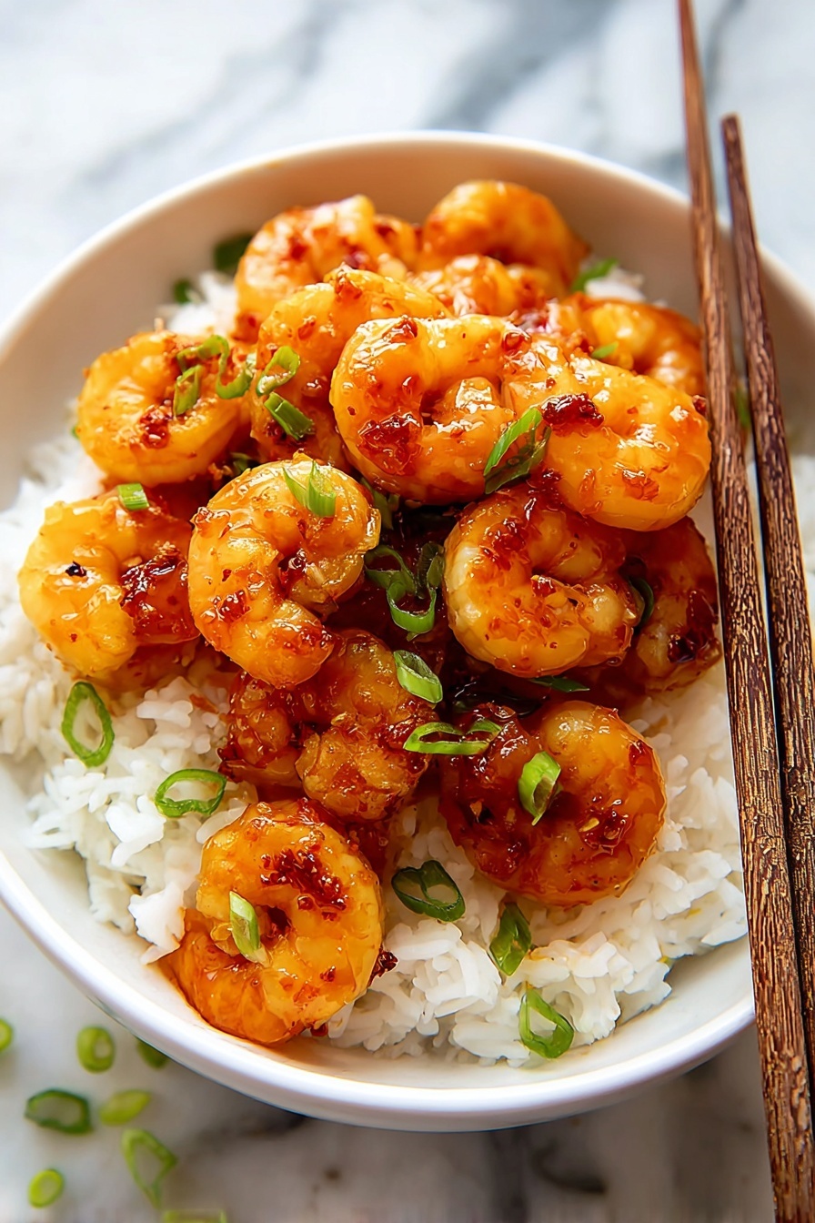 A bowl filled with two main layers: the bottom layer is soft white rice with separated grains, and the top layer consists of golden-orange shrimp coated with a shiny glaze, garnished with small green sliced scallions. The shrimp display a slightly charred texture with reddish-brown spots and a glossy surface. The bowl is white, set on a white marbled background, with wooden chopsticks resting on one side. Photo taken with an iphone --ar 2:3 --v 7