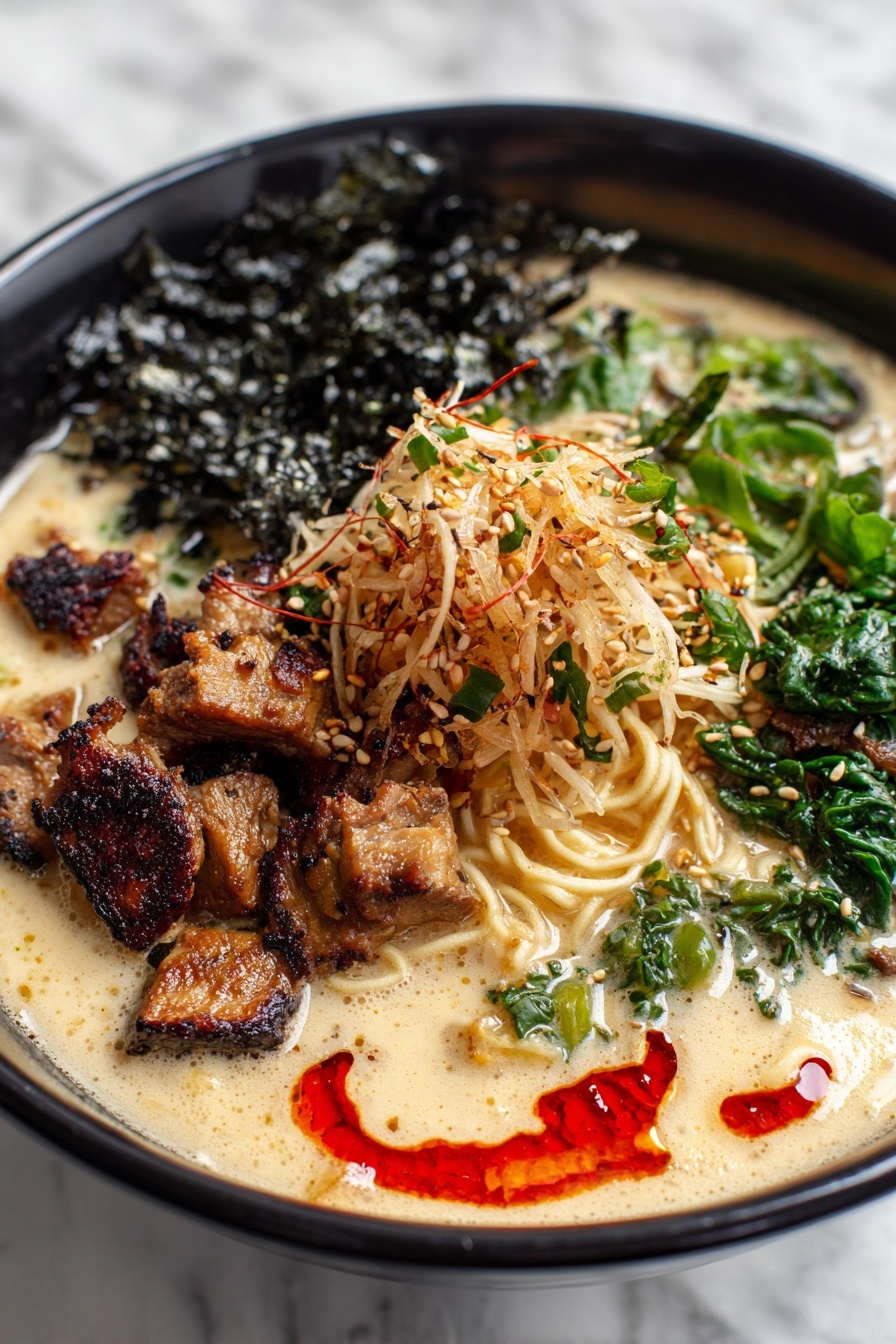 A black bowl filled with three main layers: at the bottom, light brown ramen noodles in broth; on top, sliced grilled chicken with dark grill marks placed centrally; to the left, bright green chopped scallions; to the right, a creamy beige sauce with visible pepper specks, next to a small pile of red chili flakes and pale sesame seeds. The bowl sits on a white marbled surface. photo taken with an iphone --ar 2:3 --v 7