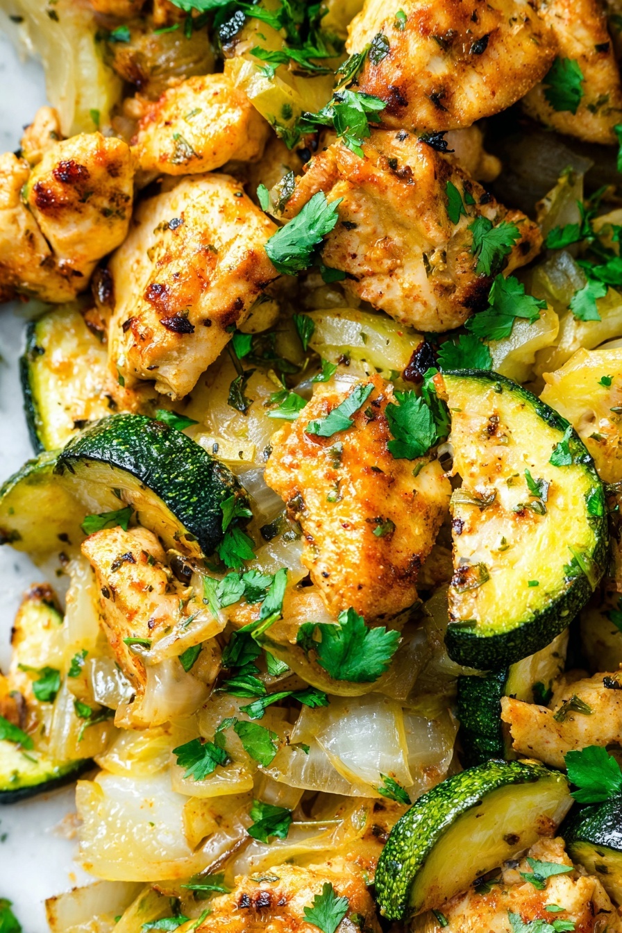 A white bowl filled with two layers: the bottom layer is light yellow cooked rice with visible grains, and the top layer is a mix of cooked chicken pieces, small cubes of zucchini, and diced onions, all seasoned with red spices. Bright green cilantro leaves are scattered on top, adding fresh color. The chicken and vegetables have a slight golden and browned texture. An ornate silver fork rests on the side of the bowl. The bowl sits on a white marbled surface. Photo taken with an iphone --ar 2:3 --v 7