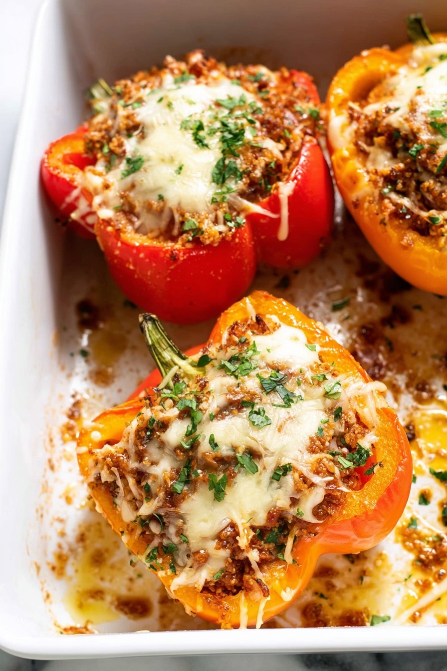 The dish shows three stuffed bell pepper halves placed in a white baking dish on a white marbled surface. Each pepper half has an orange or red skin, carved open and filled with a textured mixture of cooked minced ingredients in brown and orange shades, topped with melted and slightly browned cheese that stretches in thin strings. Small green herb bits are sprinkled over the cheese and inside the filling for color contrast. Juices mix with browned bits around the peppers inside the dish, adding a shiny, moist look to the scene. photo taken with an iphone --ar 2:3 --v 7