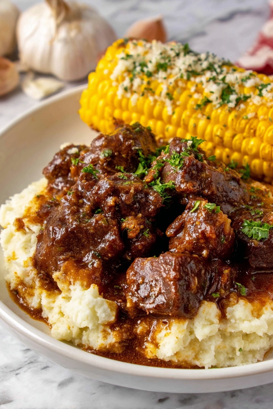 The image shows a white plate with three main layers: at the bottom, there is a creamy white mashed potato layer with a soft texture; on top of this is a thick layer of dark brown beef stew pieces, covered in a shiny, rich gravy sauce and sprinkled with small green parsley bits; beside this is a bright yellow corn on the cob coated with a white creamy sauce and sprinkled with reddish seasoning and green herbs; the plate rests on a white marbled surface, with some fresh parsley leaves placed nearby for garnish, and a patterned cloth with blue and orange colors on the right side; two old silver forks lie on the left side of the plate photo taken with an iphone --ar 2:3 --v 7