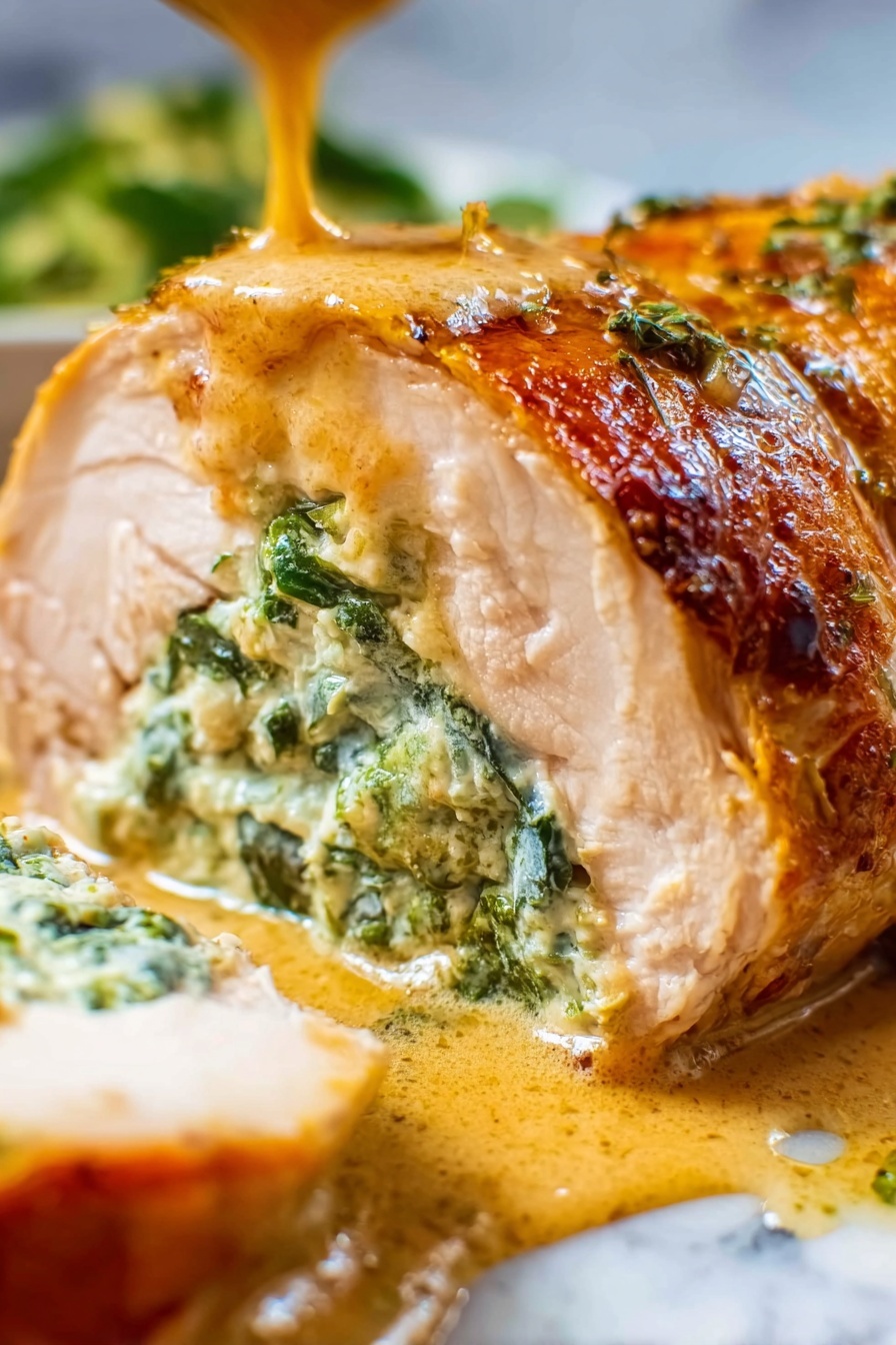 The image shows a close-up of a cooked chicken breast, browned with a shiny, slightly oily surface. The chicken has a visible split filled with creamy white cheese mixed with bright green herbs, giving a soft texture and fresh look inside. The chicken rests on a white marbled textured surface with some golden-brown juices around it, showing it is hot and freshly cooked. The golden brown color of the chicken contrasts with the white and green mixture inside, making the stuffed area stand out clearly. photo taken with an iphone --ar 2:3 --v 7