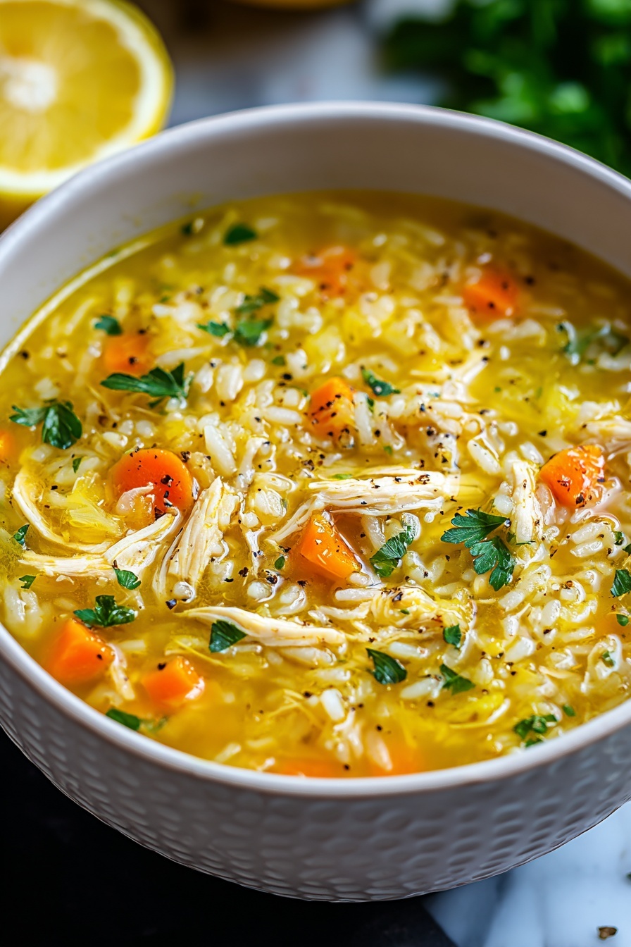 A white bowl filled with a warm soup showing several layers: the bottom layer is a clear golden-yellow broth with a slightly oily texture, floating on top are soft white noodles mixed evenly with shredded white chicken pieces; scattered through the soup are small round orange carrot chunks and bits of translucent celery; fresh green parsley leaves are sprinkled on top, along with small black pepper specks, giving a touch of color contrast against the yellow broth and white noodles; the bowl sits on a dark surface with a blurred wedge of lemon and some green herb leaves in the background, with soft natural light highlighting the soup's texture and colors photo taken with an iphone --ar 2:3 --v 7