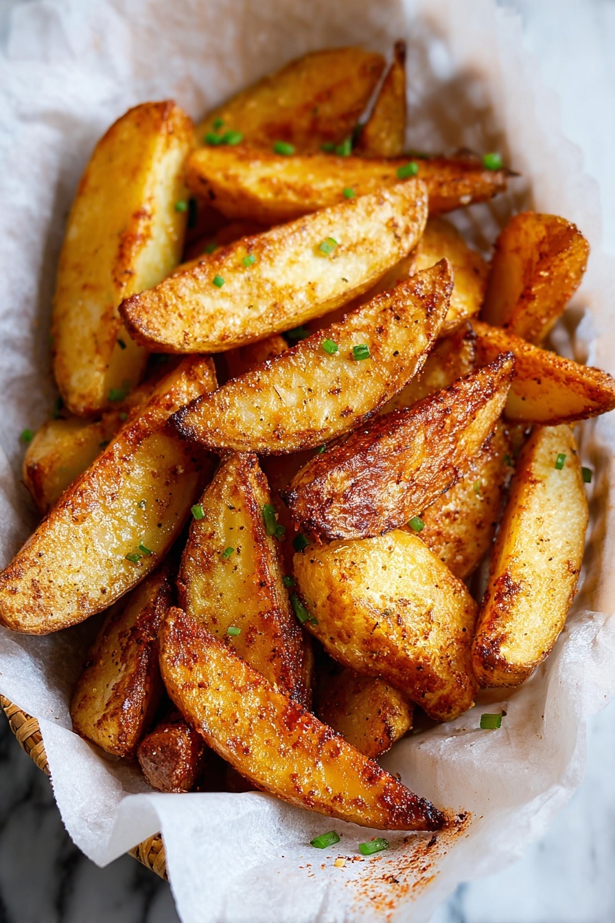A pile of golden-brown potato wedges sits on white parchment paper inside a round basket with a woven edge. The wedges are thick and crispy with a slightly rough texture and specks of seasoning visible on the surface. Small green chive pieces are sprinkled evenly over the wedges, adding a touch of color. The basket rests on a white marbled surface. The photo taken with an iphone --ar 2:3 --v 7