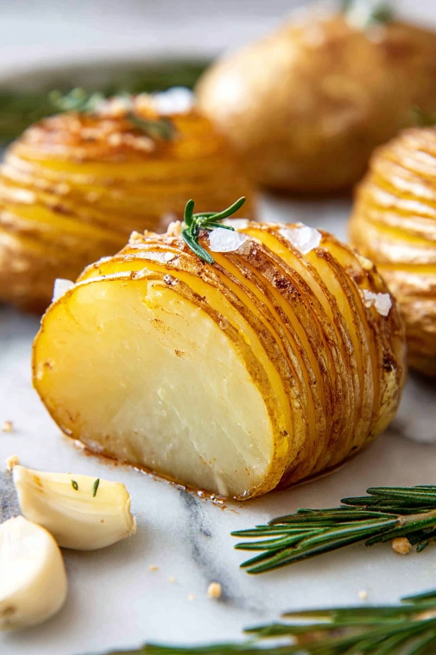 The image shows a close-up of a golden-brown potato sliced halfway to reveal its soft, creamy inside. The potato has thin, even layers created by small cuts on its surface, lined up in a curved shape. Salt crystals and fresh green rosemary sprigs sit on top and around the potato, adding texture and color contrast. The potato rests on a white marbled surface with a light glaze of oil, giving a shiny effect. In the background, more similarly peeled and sliced potatoes and some small garlic cloves are softly focused, enriching the scene. photo taken with an iphone --ar 2:3 --v 7