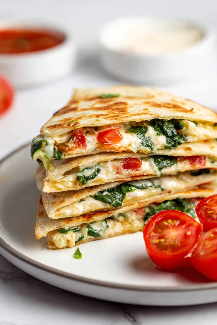 A white plate holds a stack of five folded quesadilla pieces, each showing distinct layers of golden-browned tortilla, melted creamy cheese, bright green spinach leaves, and small chunks of red tomatoes. The quesadillas are layered unevenly, with fresh spinach and tomato pieces visible inside each thin, crisp tortilla layer. On the side of the plate, two small bright red cherry tomatoes, one whole and one sliced in half, add a pop of color. The background is a clean white marbled texture with a blurred bowl of red sauce and a white bowl in the back. photo taken with an iphone --ar 2:3 --v 7