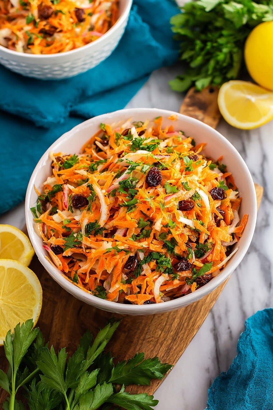 In the image, there is a white bowl filled with a shredded salad made of orange and white layers, likely grated carrots and another root vegetable. Small dark brown raisins are scattered throughout the shredded mix, adding contrast. Green herb leaves, probably parsley, are sprinkled on top, bringing a fresh green color. The bowl sits on a wooden surface, but the background is changed to a white marbled texture. Next to the bowl, two lemon halves show a bright yellow color and textured lemon inside. A blue cloth is slightly visible behind the bowl, adding a deep color contrast. Photo taken with an iphone --ar 2:3 --v 7