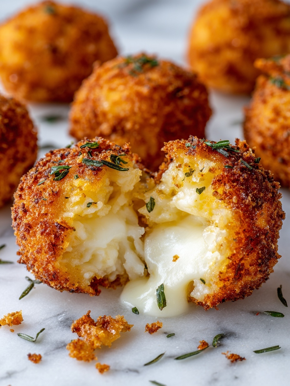 A close-up photo shows a golden-brown, round fried ball that is broken open to reveal a soft, creamy white inside with a melted, pale yellow center. The outer layer is crispy and crunchy with a rough texture, while the inside looks smooth and soft. Small green herb flakes are sprinkled on top and around the ball, which rests on white parchment paper placed on a white marbled surface. Photo taken with an iphone --ar 2:3 --v 7