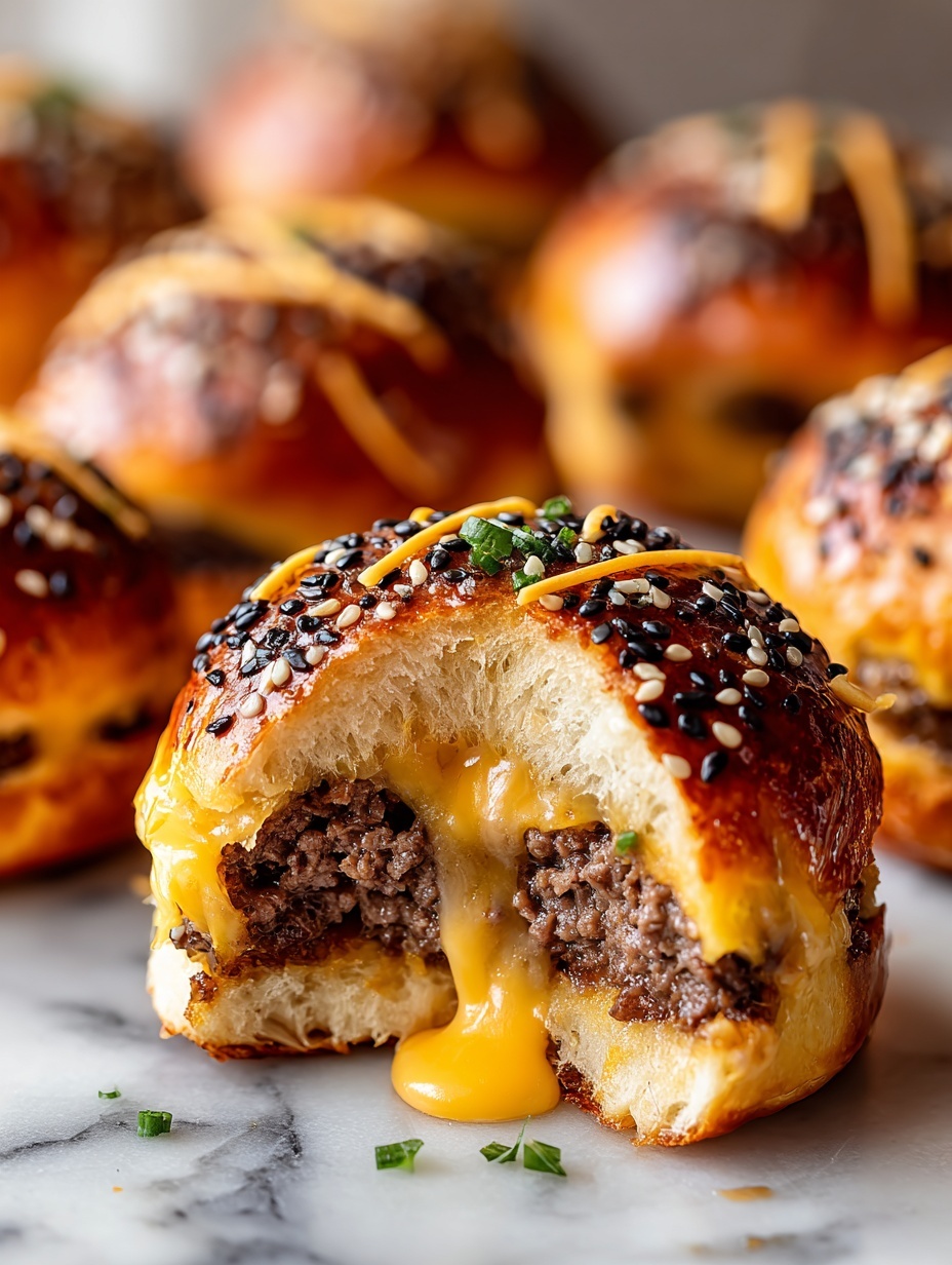 The image shows several small cheeseburger sliders with three layers each: a shiny brown pretzel bun top, sprinkled with white sesame seeds and green herbs; a middle layer of melted bright yellow cheese covering a rich, brown cooked ground beef patty; and a soft light beige pretzel bun bottom. One slider is held up by a woman's hand showing a close view of the inside with melted cheese oozing over the beef. The sliders are placed closely together on a white plate, all on a white marbled surface. photo taken with an iphone --ar 2:3 --v 7