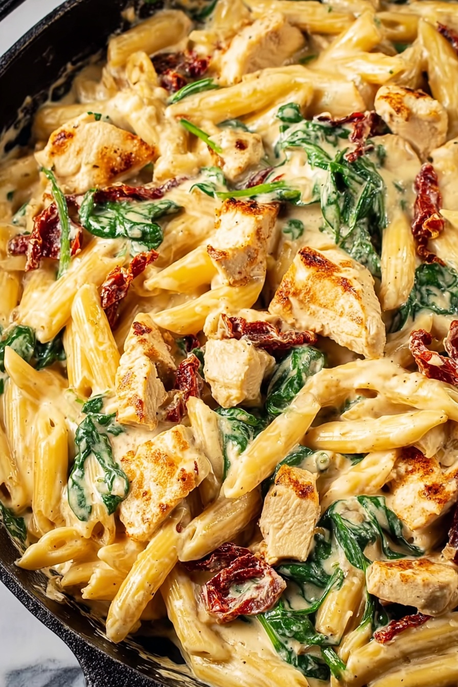 A white bowl filled with three layers: the bottom layer is creamy sauce with a light beige color and smooth texture, the middle layer is yellow penne pasta mixed with pieces of cooked chicken chunks that are light brown on the outside, and the top layer includes sun-dried tomatoes with a deep red and wrinkled texture, fresh spinach leaves with a dark green color, and sprinkled chopped parsley on top. A silver fork is resting inside the bowl on the left side. The bowl is placed on a blue and white patterned cloth over a white marbled surface, with a bunch of fresh parsley in the background and a small white container with chopped herbs to the upper left. Photo taken with an iphone --ar 2:3 --v 7