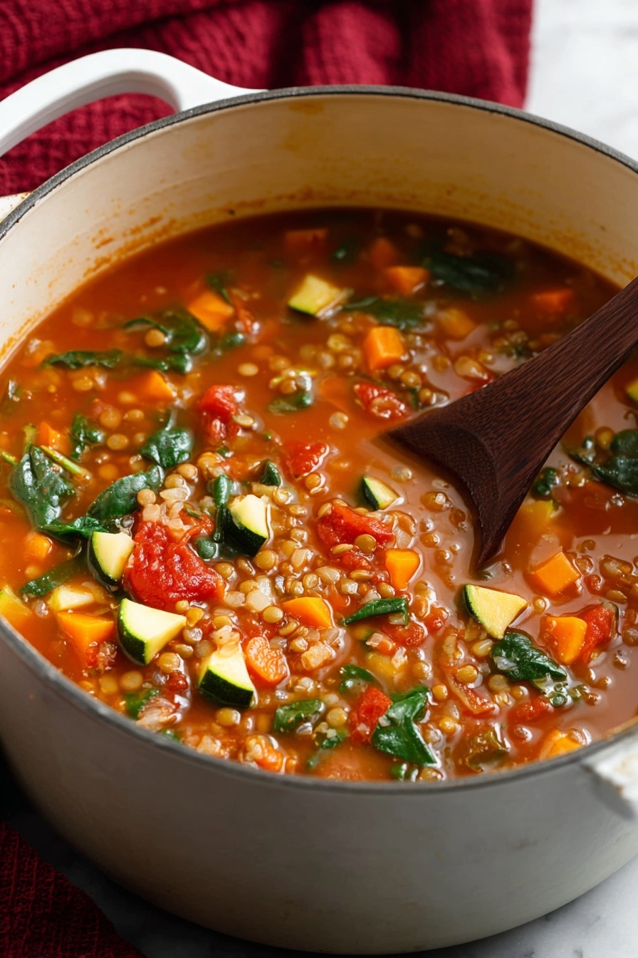 A white pot filled with thick vegetable soup sits on a white marbled surface. The soup has several layers: the base is a rich orange-red broth, mixed with bright orange carrot pieces, green zucchini chunks, dark green leafy spinach, and lighter colored lentils that add texture. There are also soft red tomato pieces scattered throughout. A wooden spoon rests in the pot, partially submerged, adding contrast to the vibrant colors of the soup. In the background, there is a deep red cloth that softly folds behind the pot. Photo taken with an iphone --ar 2:3 --v 7