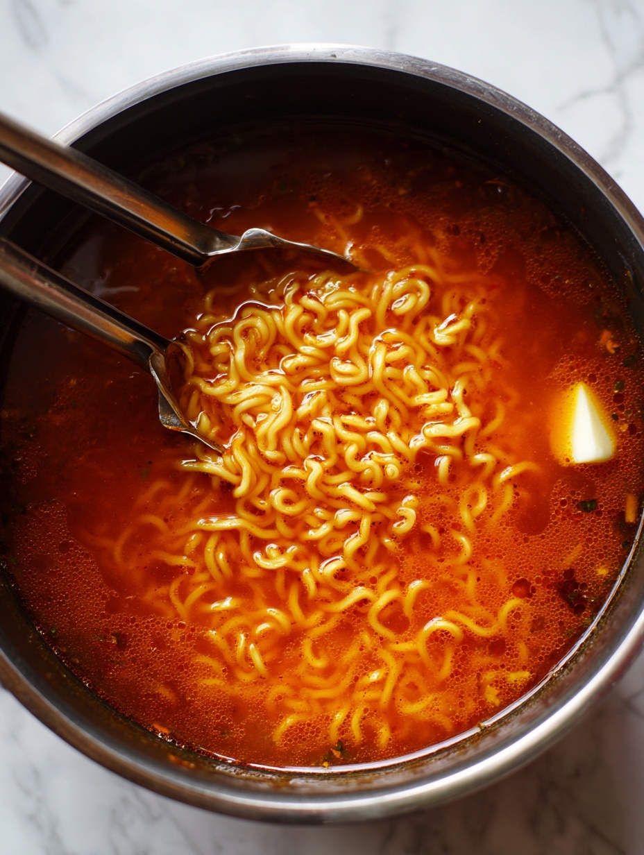 A close-up of cooked curly ramen noodles being lifted with metal tongs above a deep, round pot filled with thick orange-red broth. The noodles are soft and slightly separated, with a shiny wet texture, and part of a small light yellow cube, likely butter, is melting on the surface of the broth to the right. The pot sits on a white marbled hexagonal tile surface. photo taken with an iphone --ar 2:3 --v 7