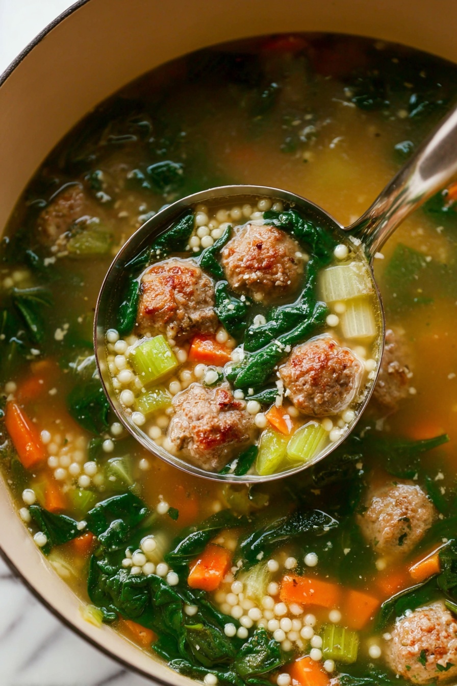 The image shows a pot of clear broth soup filled with many small brown meatballs, bright orange carrot pieces, small round pale yellow pasta, deep green leafy spinach, and light green celery chunks. The soup has a warm, slightly oily surface with bits of onion and herbs scattered throughout. A silver ladle is lifting a portion of the soup, showing all these colorful ingredients clearly mixed together in the broth. The pot is light beige with dark green leaf decorations on the inside. The photo is taken on a white marbled surface. photo taken with an iphone --ar 2:3 --v 7