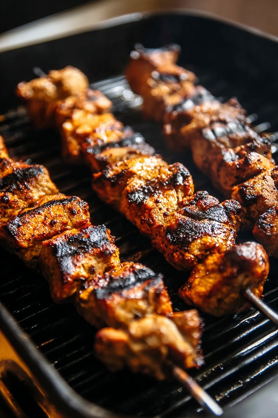Three wooden skewers are laid on a black grill pan, each skewer holding several pieces of grilled meat. The meat is browned with a reddish tint and has clear dark grill marks, some parts are slightly charred, showing the cooking texture. The pieces are thick, uneven cubes, tightly packed on the skewers, and the grill pan grooves run vertically under them. The background is a white marbled texture. Photo taken with an iphone --ar 2:3 --v 7