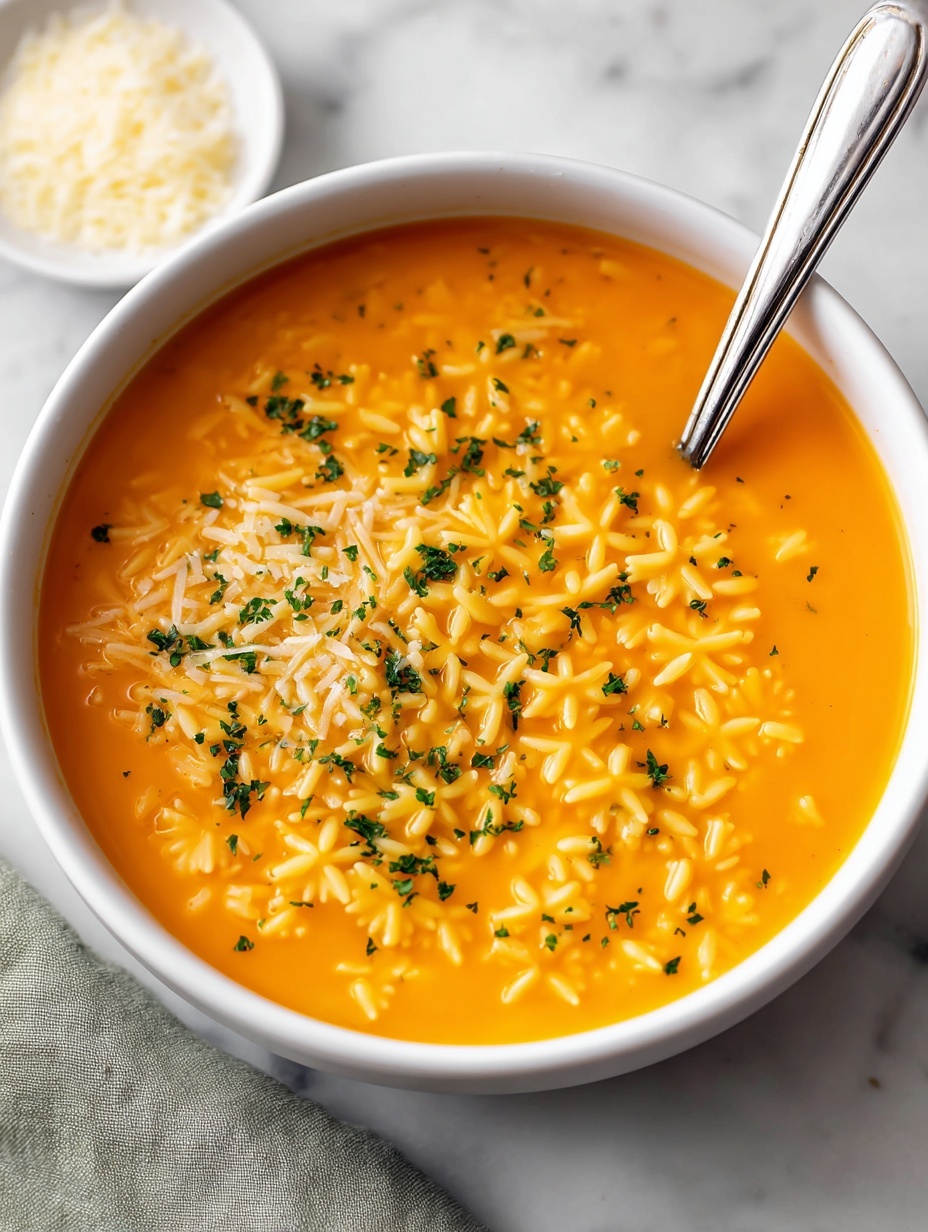 The image shows two white bowls with simple blue grid lines, each filled with an orange soup that has small round grains floating in it. The soup has a smooth texture with specks of green herbs sprinkled on top. One bowl is in the foreground with a spoon resting inside, scooping up some of the grainy soup, and a little white shredded garnish on the surface. The second bowl is partially visible in the background. The bowls sit on a white marbled surface, and a white-handled spoon is placed nearby. Photo taken with an iphone --ar 2:3 --v 7