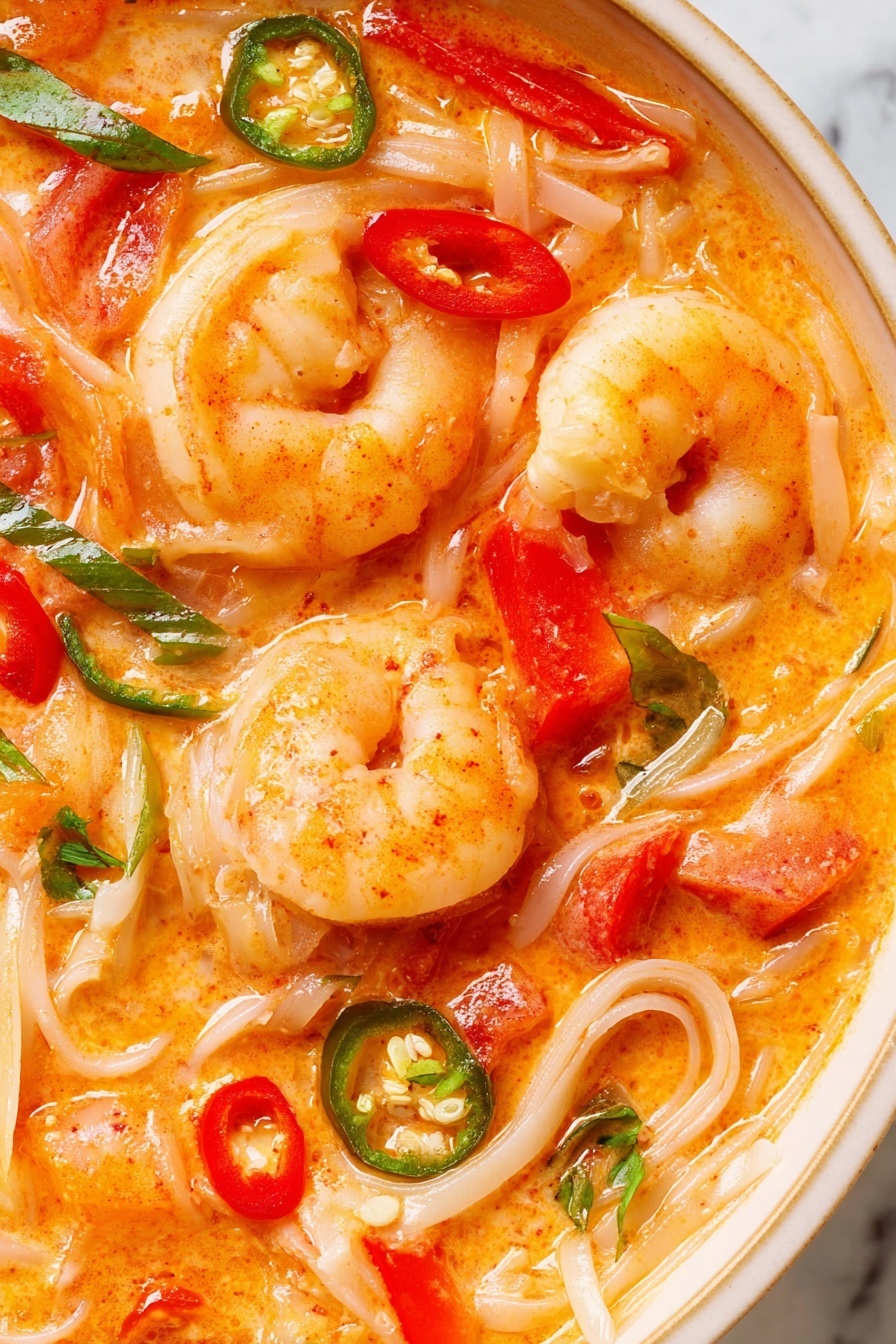 The close-up image shows a dish in a white bowl filled with three large cooked shrimp on top. The shrimp are light orange with a slight shine, resting in a creamy orange broth. The broth is thick and has small green herb pieces floating in it. Underneath, there are white flat noodles mixed with diced red bell peppers and sliced green chili peppers, adding bright red and green colors. The dish looks fresh with a mix of smooth textures from the noodles and broth, against the firmer shrimp. The background is a white marbled surface. photo taken with an iphone --ar 2:3 --v 7