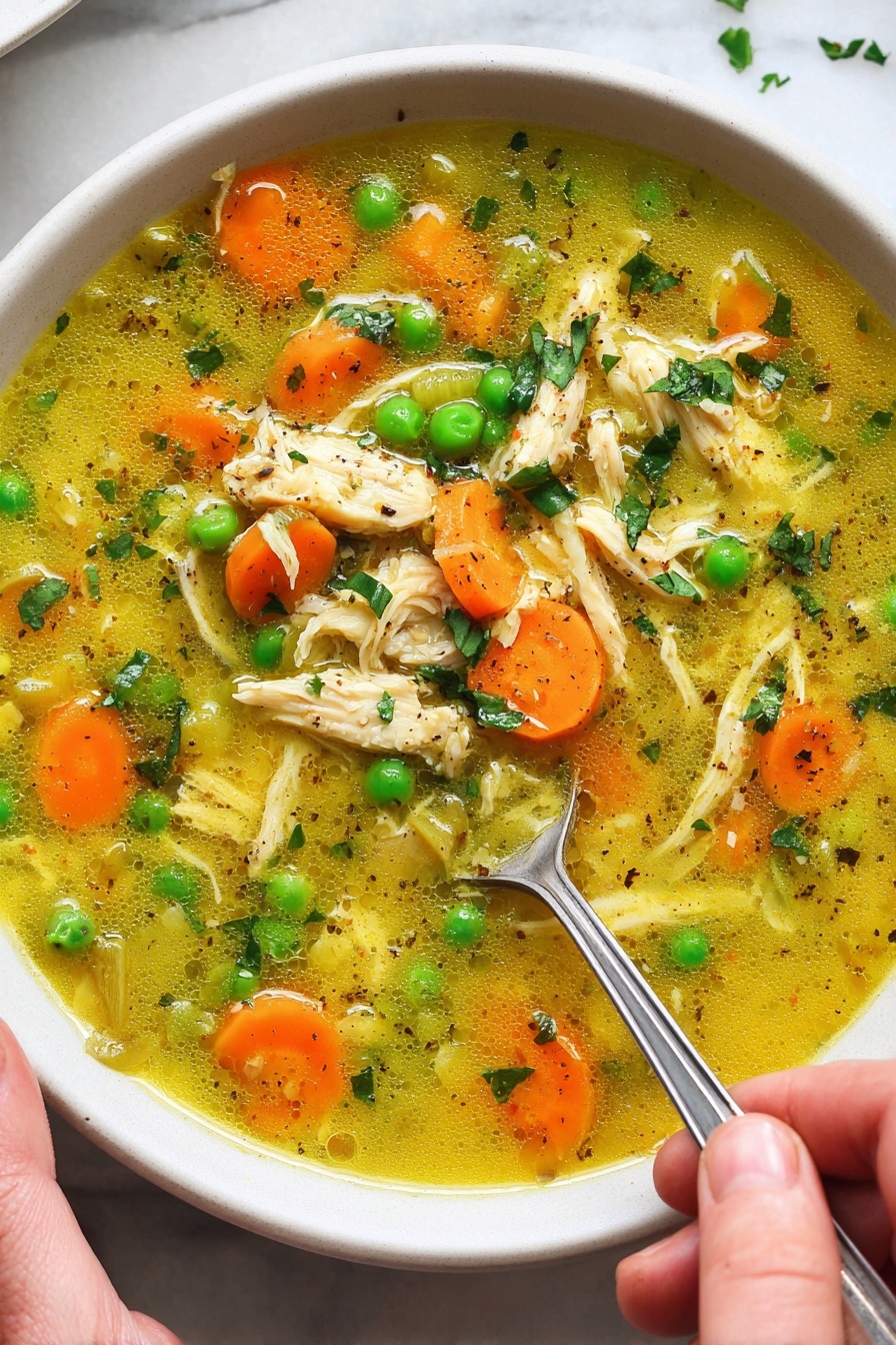 A white bowl sits on a white marbled surface, filled with a layered chicken soup. The soup has a yellow broth base with a slightly oily texture, dotted with black pepper and green herbs, giving it a fresh look. Inside the broth are bright orange carrot slices, vibrant green peas, light green celery pieces, and shredded chicken in pale yellowish-white strips. A woman's hand is holding a silver spoon dipping into the soup, capturing the mix of colorful vegetables and tender chicken. The overall feeling is warm and fresh. photo taken with an iphone --ar 2:3 --v 7
