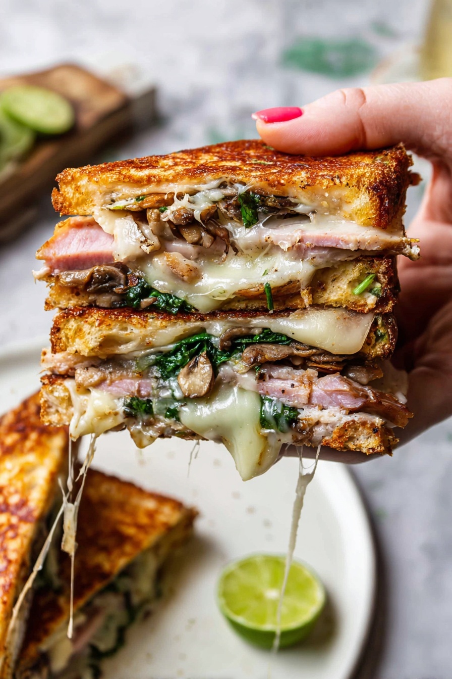 Two triangular slices of golden brown quesadilla with a crispy outer layer and melted white cheese stretching between them are placed on white parchment paper on a worn dark green surface. Inside, green leafy vegetables and diced pieces can be seen. Each slice has small dollops of bright green creamy sauce on top. A small lime wedge is nearby, along with a spoon holding some of the same green sauce next to a white bowl. The scene is bright and close-up, showing salty flakes on the quesadilla edges photo taken with an iphone --ar 2:3 --v 7