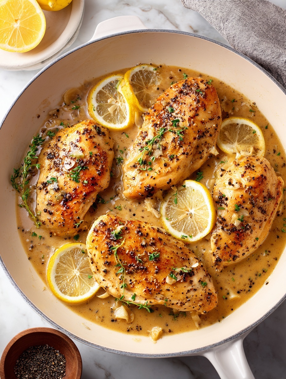 A round white pan holds four golden brown cooked chicken fillets with a speckled black pepper crust. The chicken sits in a light brown sauce with small bits of minced garlic scattered on top. There are thin, light yellow lemon slices placed on and around each fillet, some leaning against the edges of the pieces. The background is a white marbled surface with a small bowl of black pepper and a white dish with extra lemon slices partially visible at the top. Photo taken with an iphone --ar 2:3 --v 7
