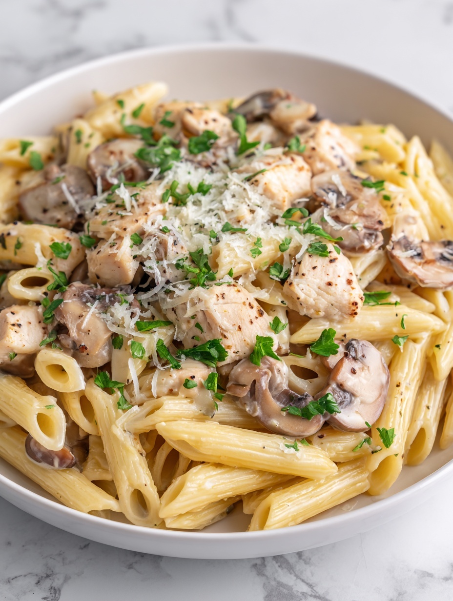 A close-up shot of cooked penne pasta mixed in a creamy white sauce. The pasta is light yellow with smooth texture, covered in a glossy, thick cream sauce. Scattered throughout are small pieces of soft, brown mushrooms. Lightly sprinkled on top are finely chopped green herbs and thin shreds of pale cheese. The dish is dense, with the pasta tubes layered closely together, showing the sauce filling the pasta holes. photo taken with an iphone --ar 2:3 --v 7