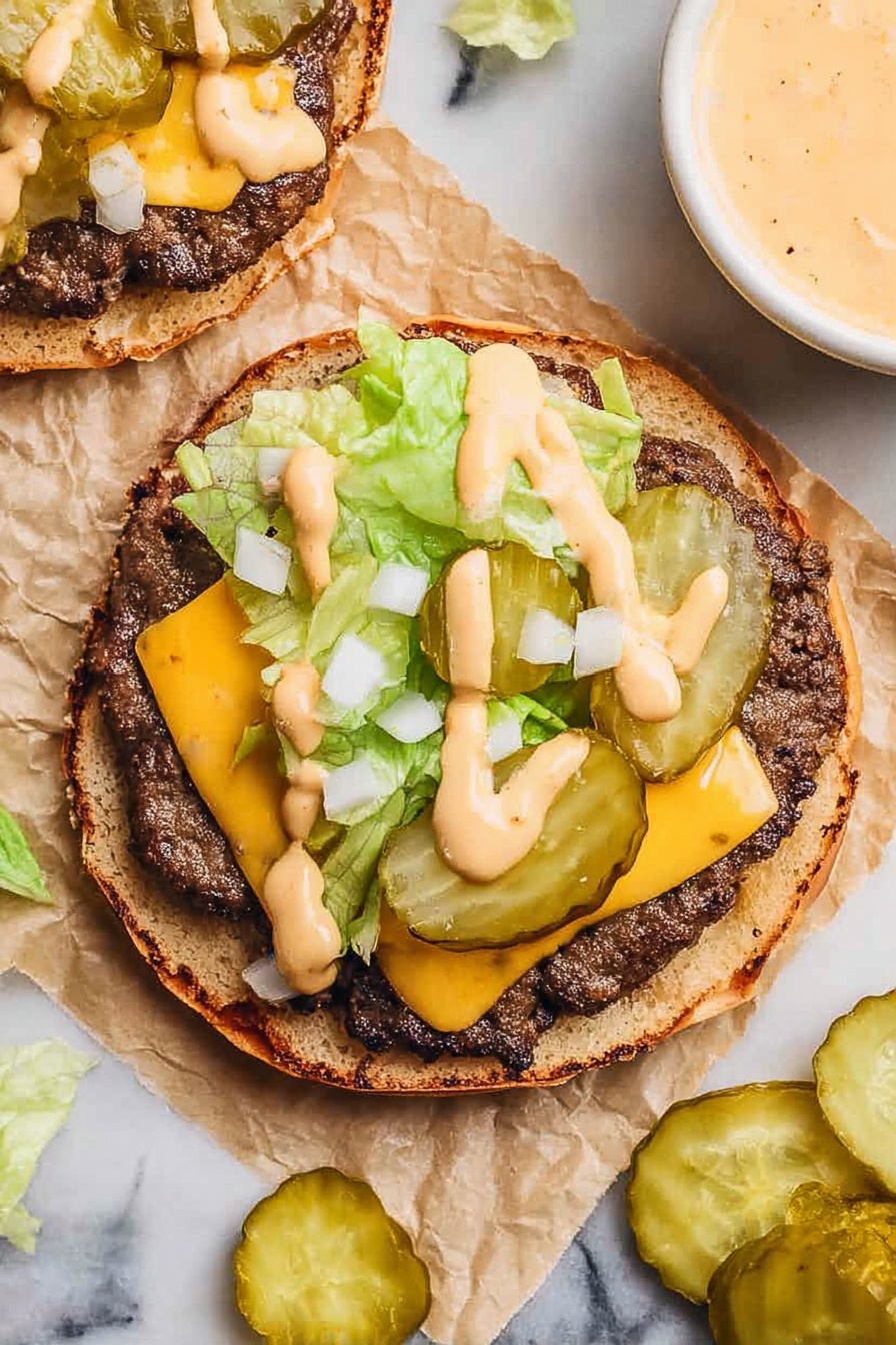 A toasted round bun forms the base, showing a golden brown edge with a slightly crispy texture. On top is a thick, flat, dark brown beef patty covering most of the bun. Over the beef, a slice of melted orange cheddar cheese melts slightly on the patty. Shredded light green lettuce lies on top of the cheese, with three round green pickle slices adding another layer. Small cubes of white onion are scattered over everything. Light brown creamy sauce is drizzled unevenly over the top, creating a zigzag pattern. The sandwich is placed on white marbled textured paper with some pickle slices and a white bowl of sauce visible at the edges. Photo taken with an iphone --ar 2:3 --v 7